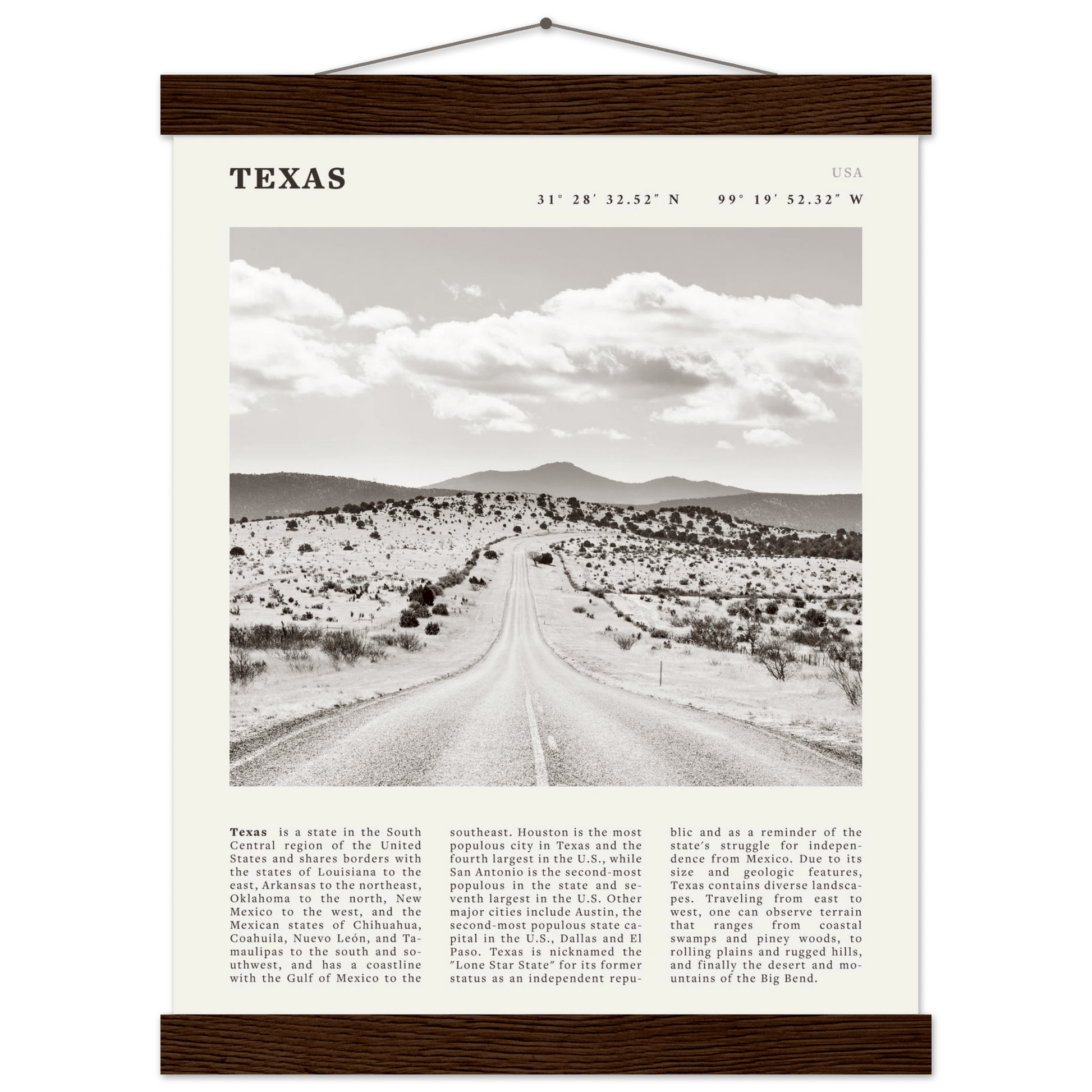 Texas Poster | Black & White Lone Star Road Wall Art | USA Travel Print Decor - Evergreen Posters