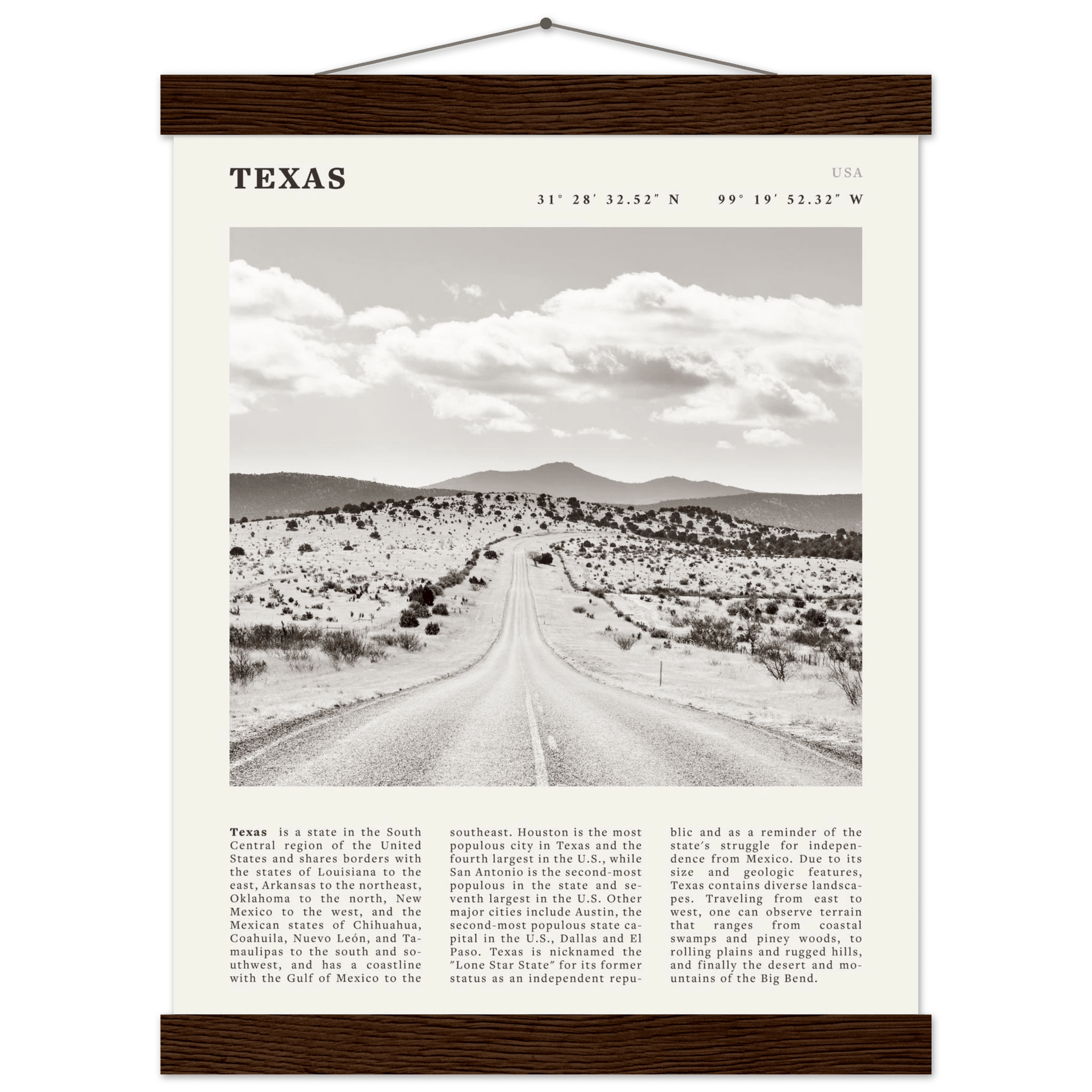 Texas Poster | Black & White Lone Star Road Wall Art | USA Travel Print Decor - Evergreen Posters