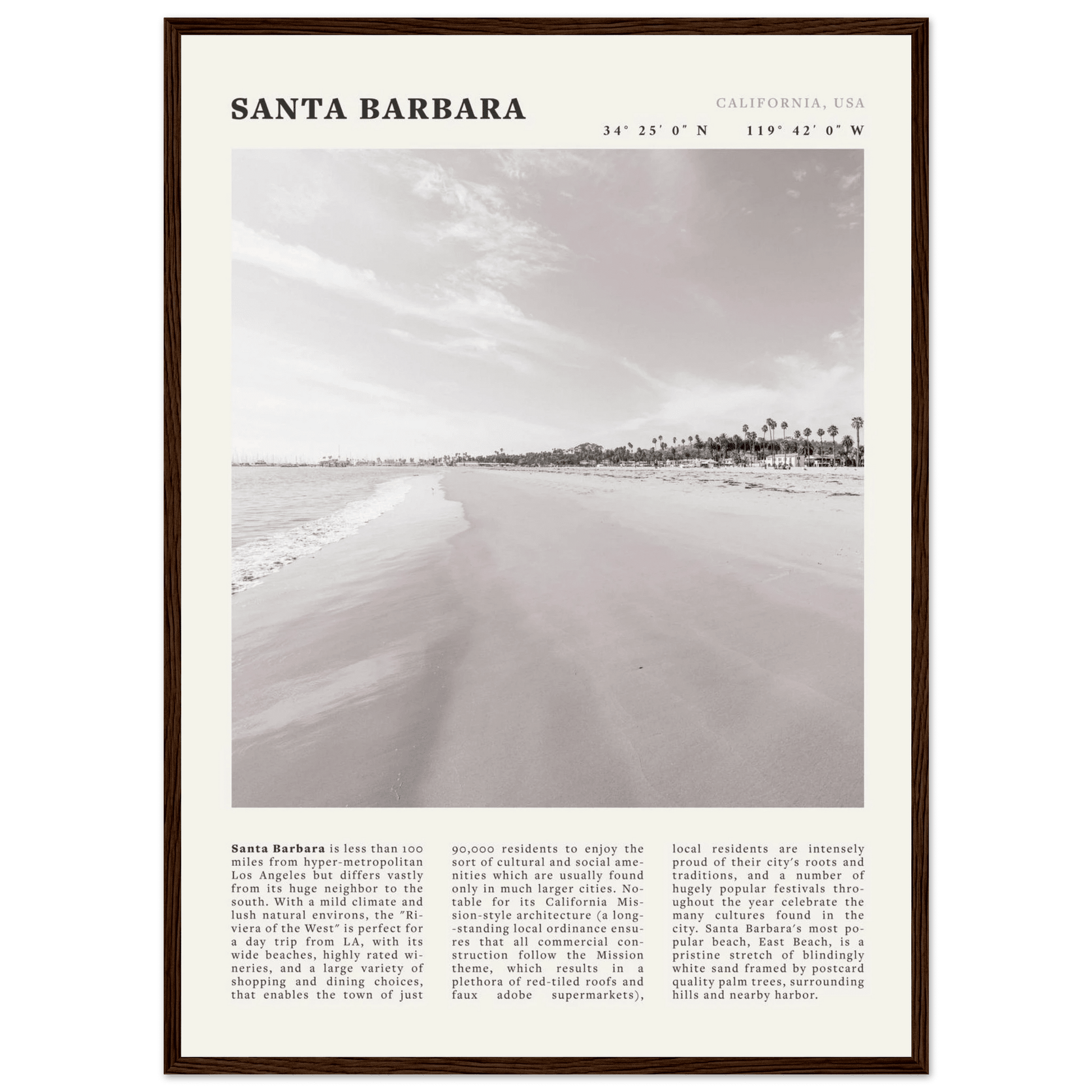 Santa Barbara Poster | Black & White California Beach Wall Art | CA Travel Print - Evergreen Posters