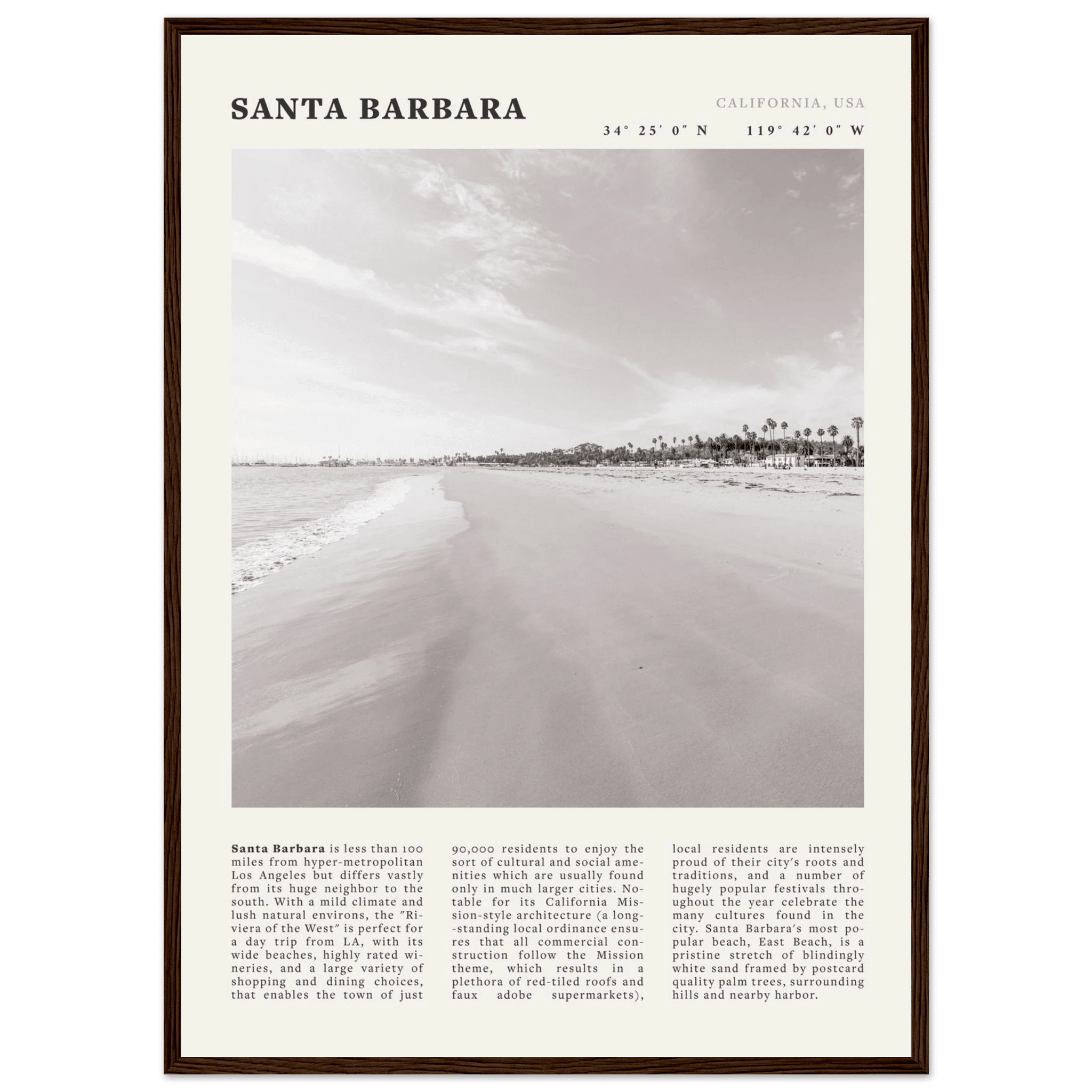 Santa Barbara Poster | Black & White California Beach Wall Art | CA Travel Print - Evergreen Posters