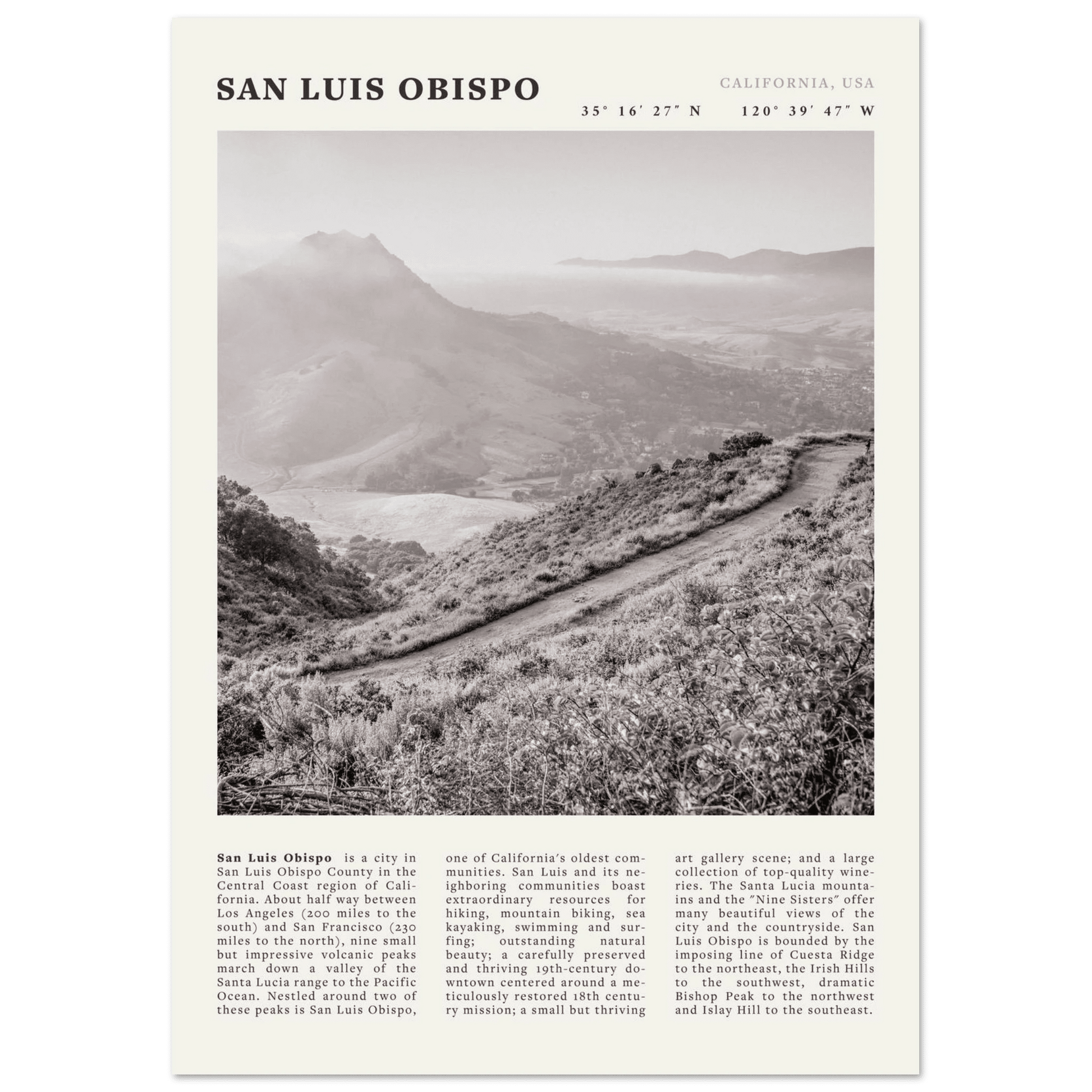 San Luis Obispo Poster | Black & White California Wall Art | SLO Travel Print - Evergreen Posters