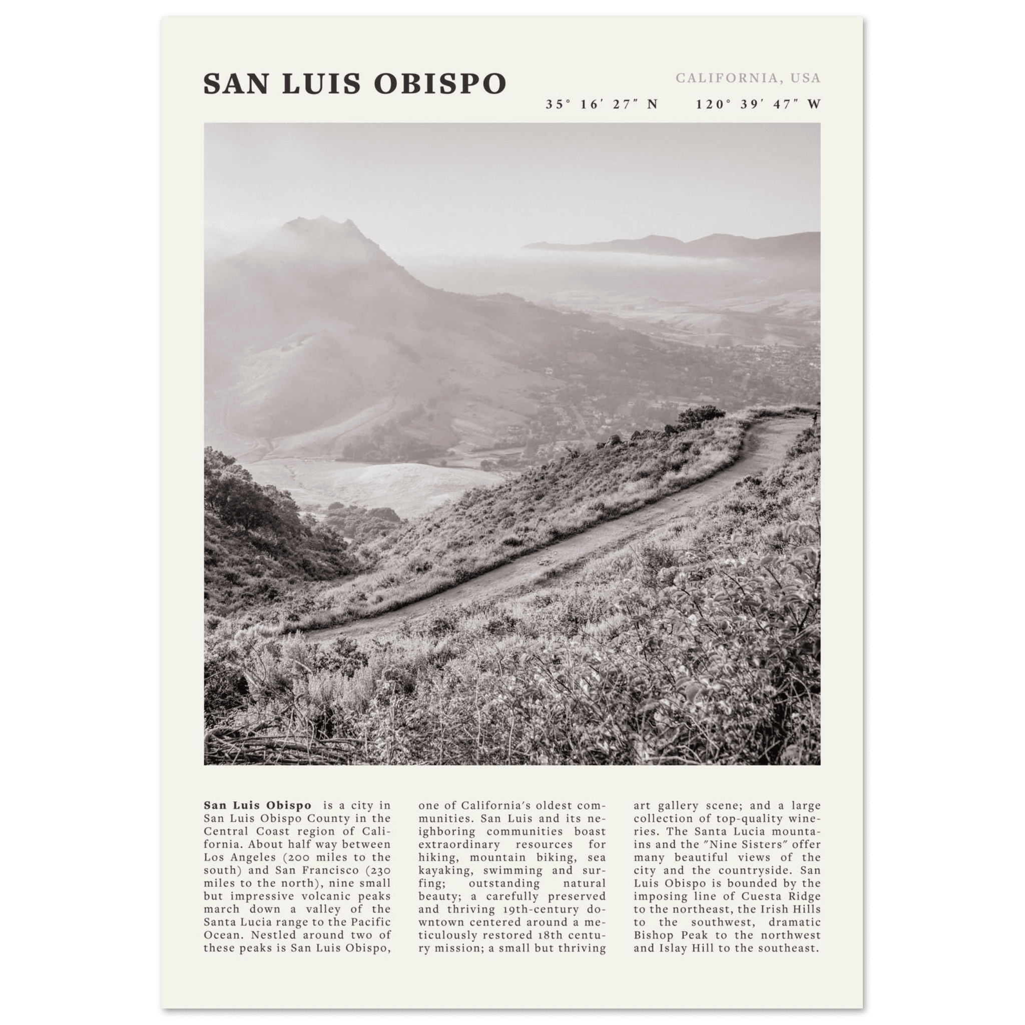 San Luis Obispo Poster | Black & White California Wall Art | SLO Travel Print - Evergreen Posters