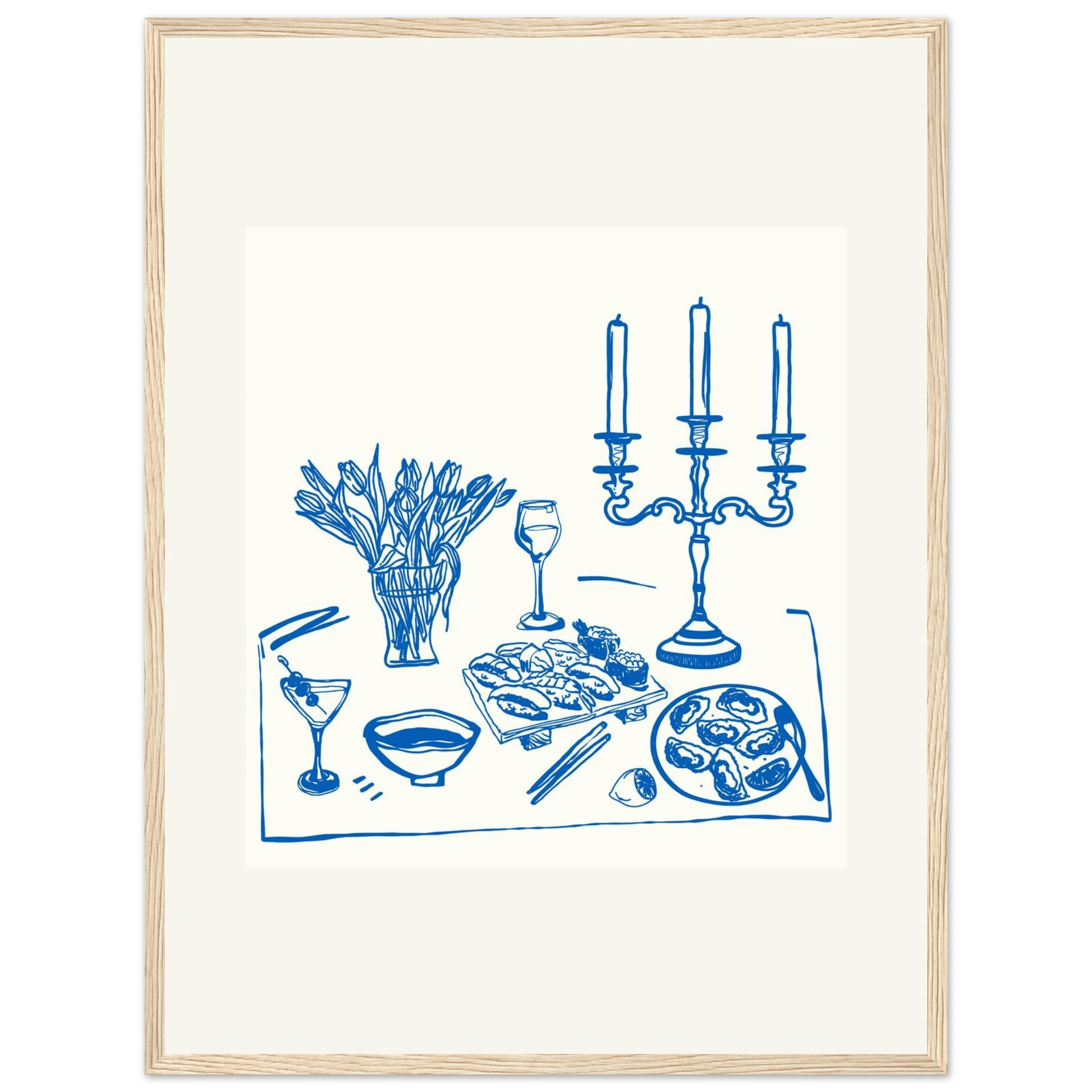 Fine Dining Table Print | Blue Line Art Kitchen Wall Art | Elegant Dining Room Poster - Evergreen Posters