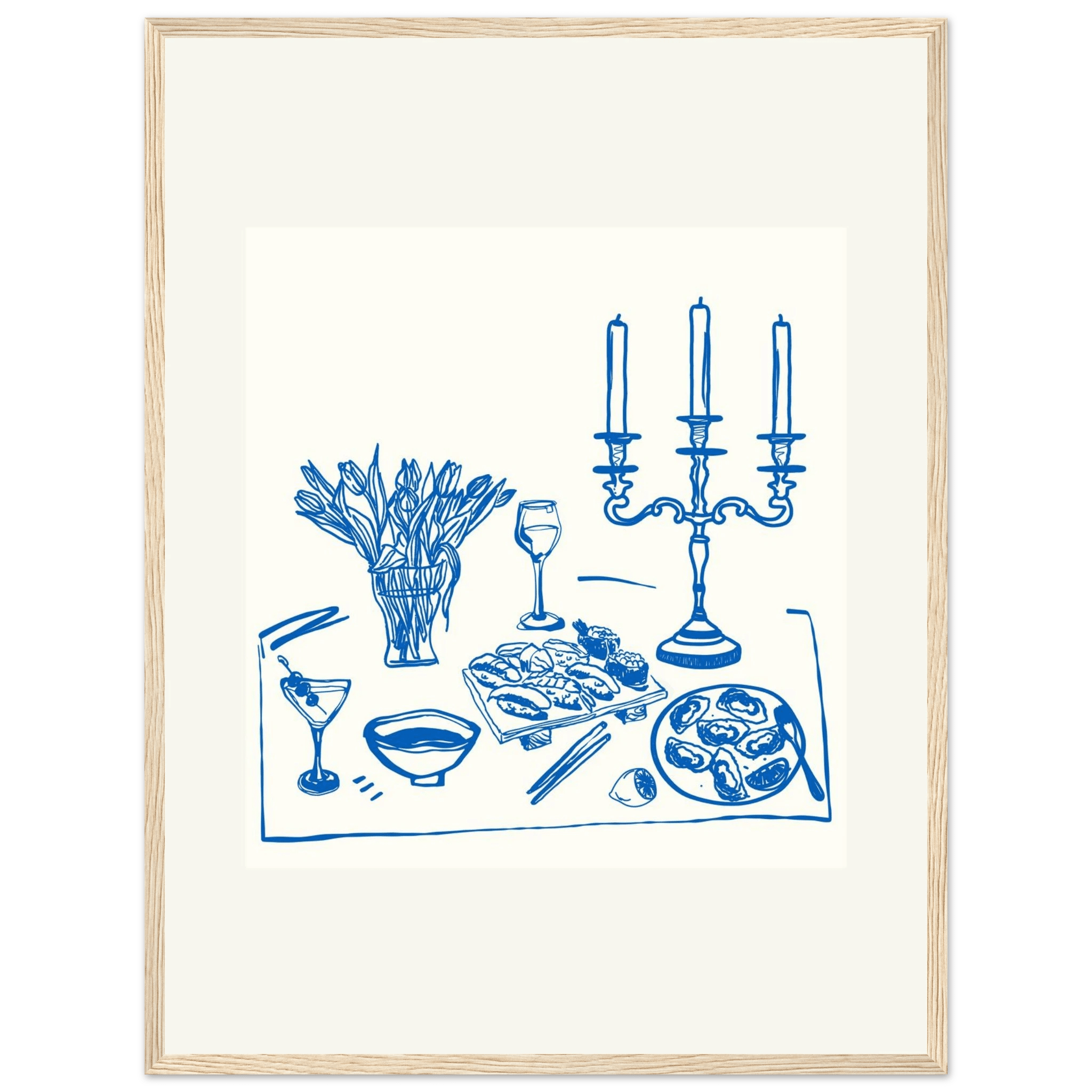 Fine Dining Table Print | Blue Line Art Kitchen Wall Art | Elegant Dining Room Poster - Evergreen Posters