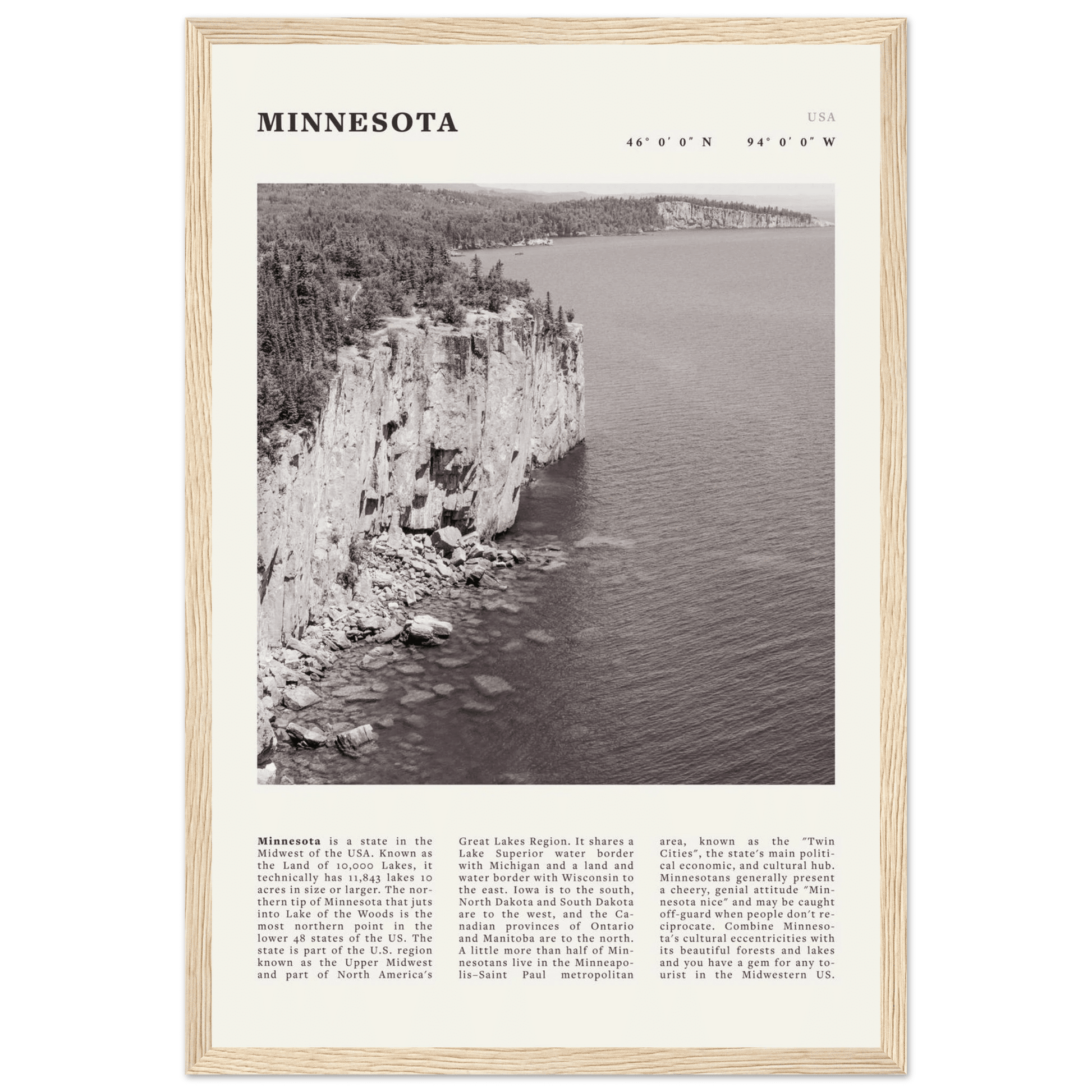 Minnesota Poster | Black & White Lake Superior Wall Art | USA Nature Travel Print - Evergreen Posters