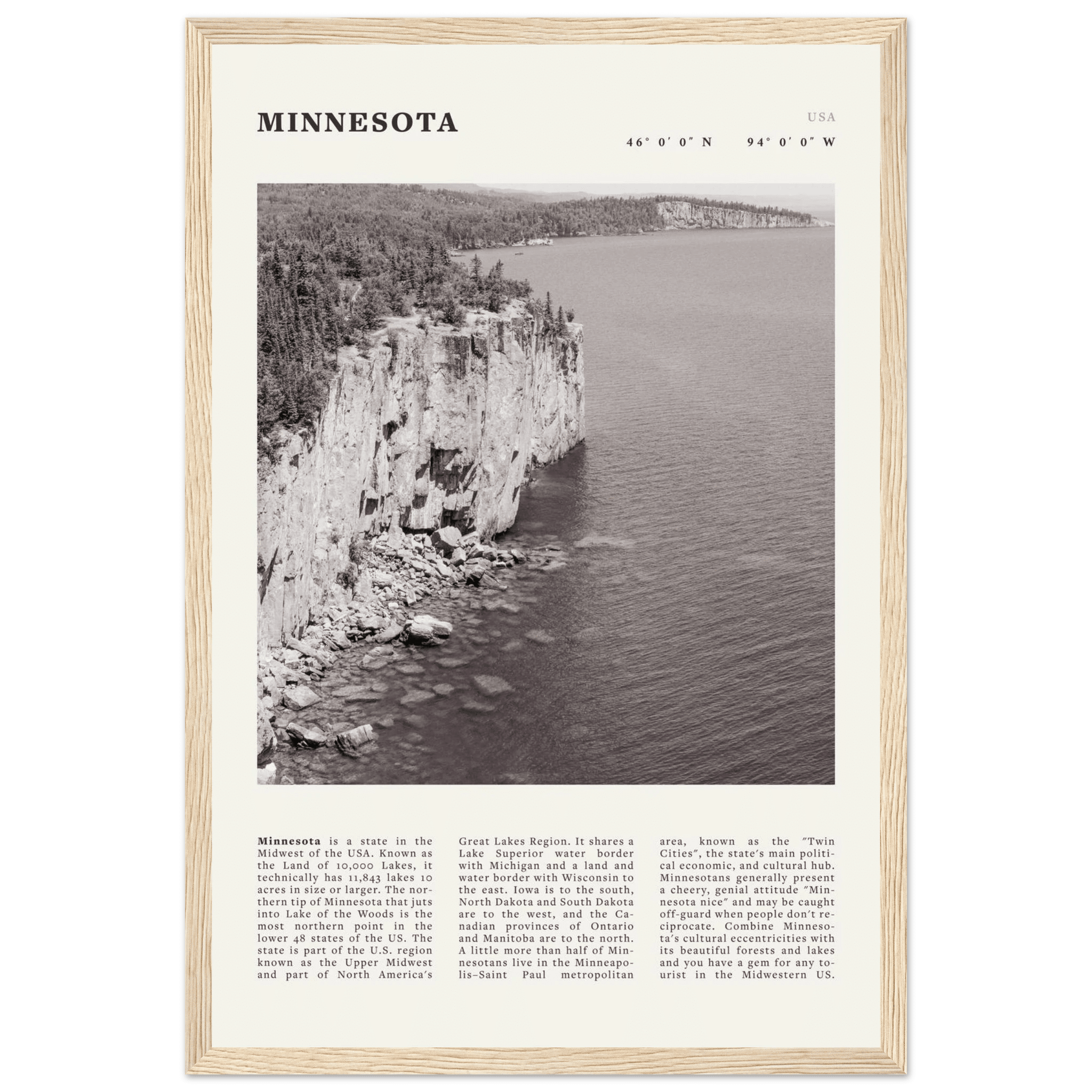 Minnesota Poster | Black & White Lake Superior Wall Art | USA Nature Travel Print - Evergreen Posters