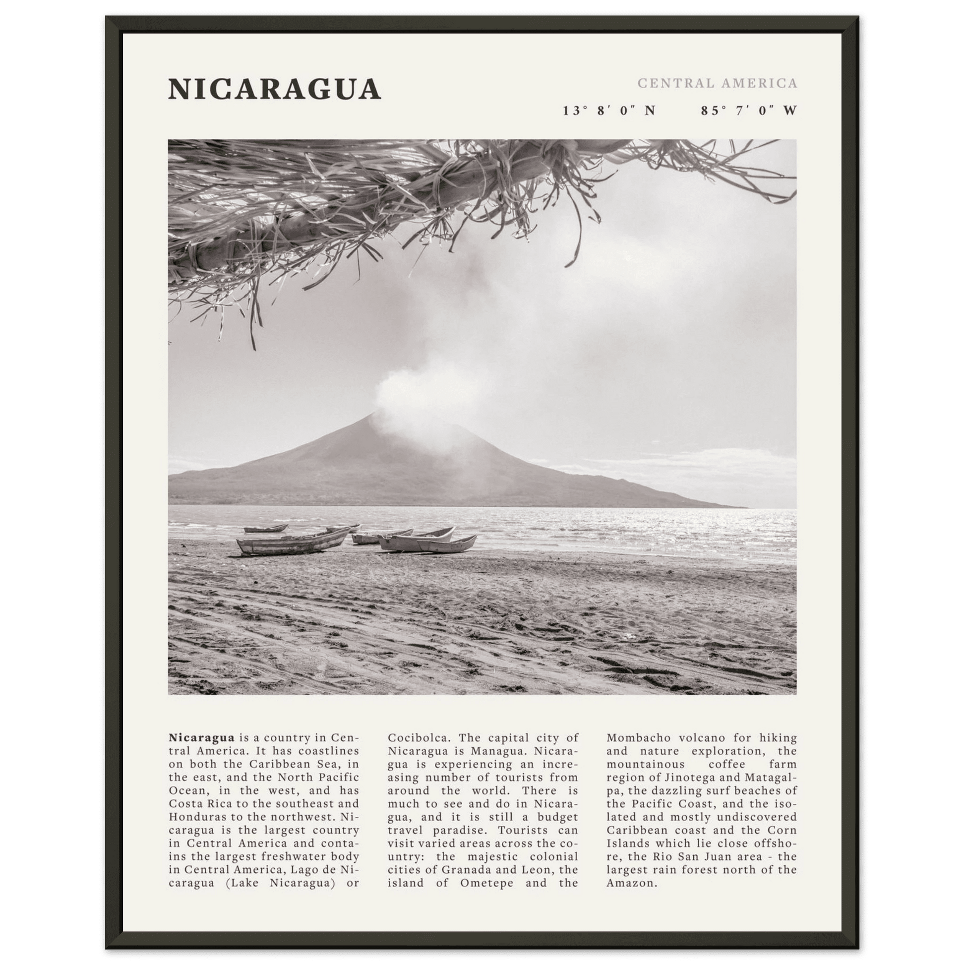 Nicaragua Poster | Black & White Volcano Wall Art | Central America Travel Print - Evergreen Posters