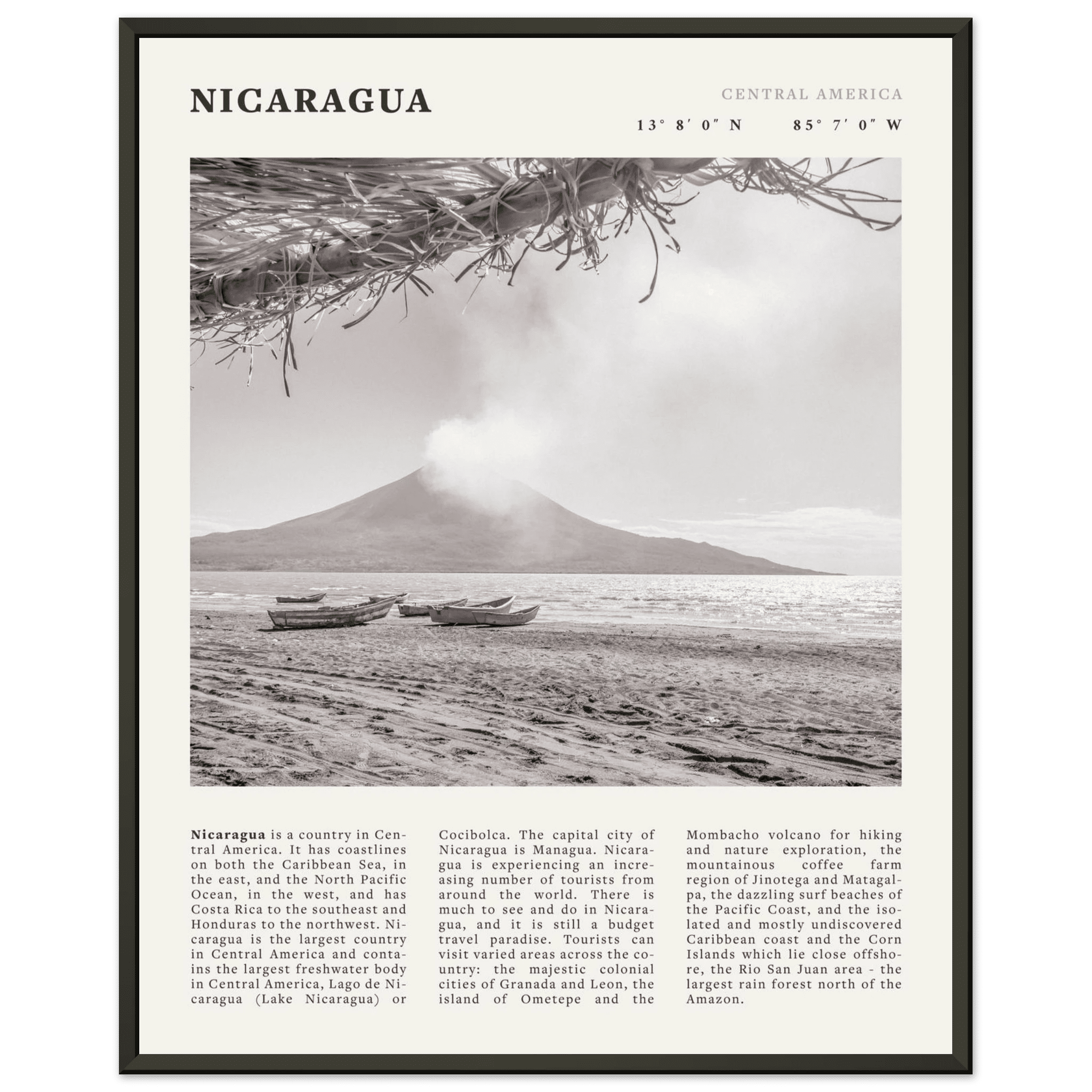 Nicaragua Poster | Black & White Volcano Wall Art | Central America Travel Print - Evergreen Posters