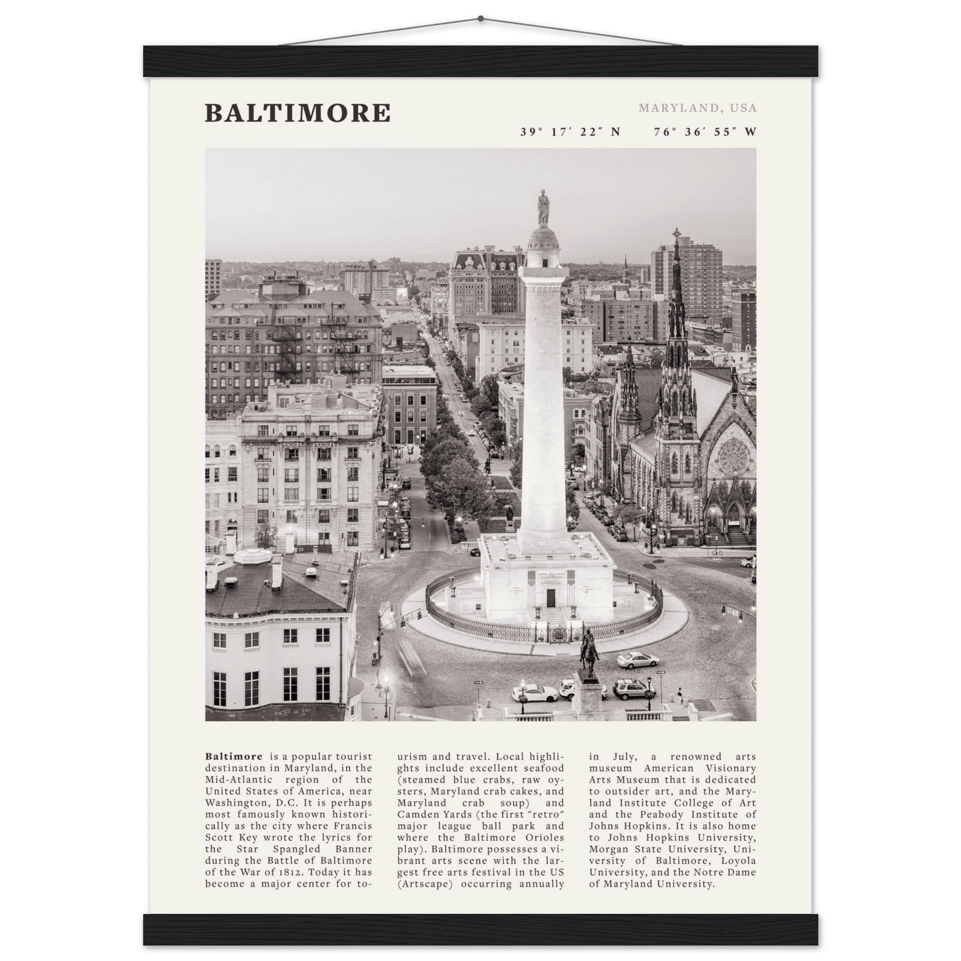 Baltimore Poster | Black & White Maryland City Wall Art | USA Travel Print - Evergreen Posters