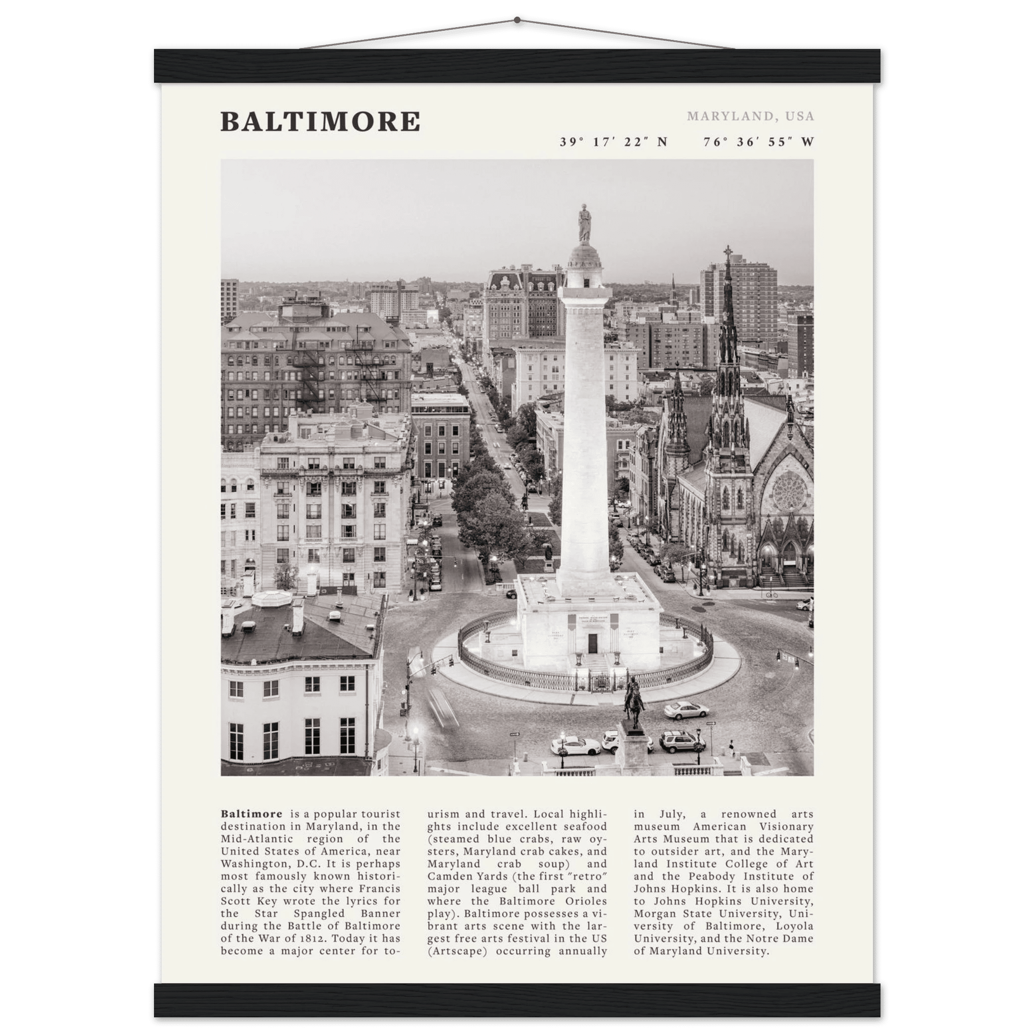 Baltimore Poster | Black & White Maryland City Wall Art | USA Travel Print - Evergreen Posters