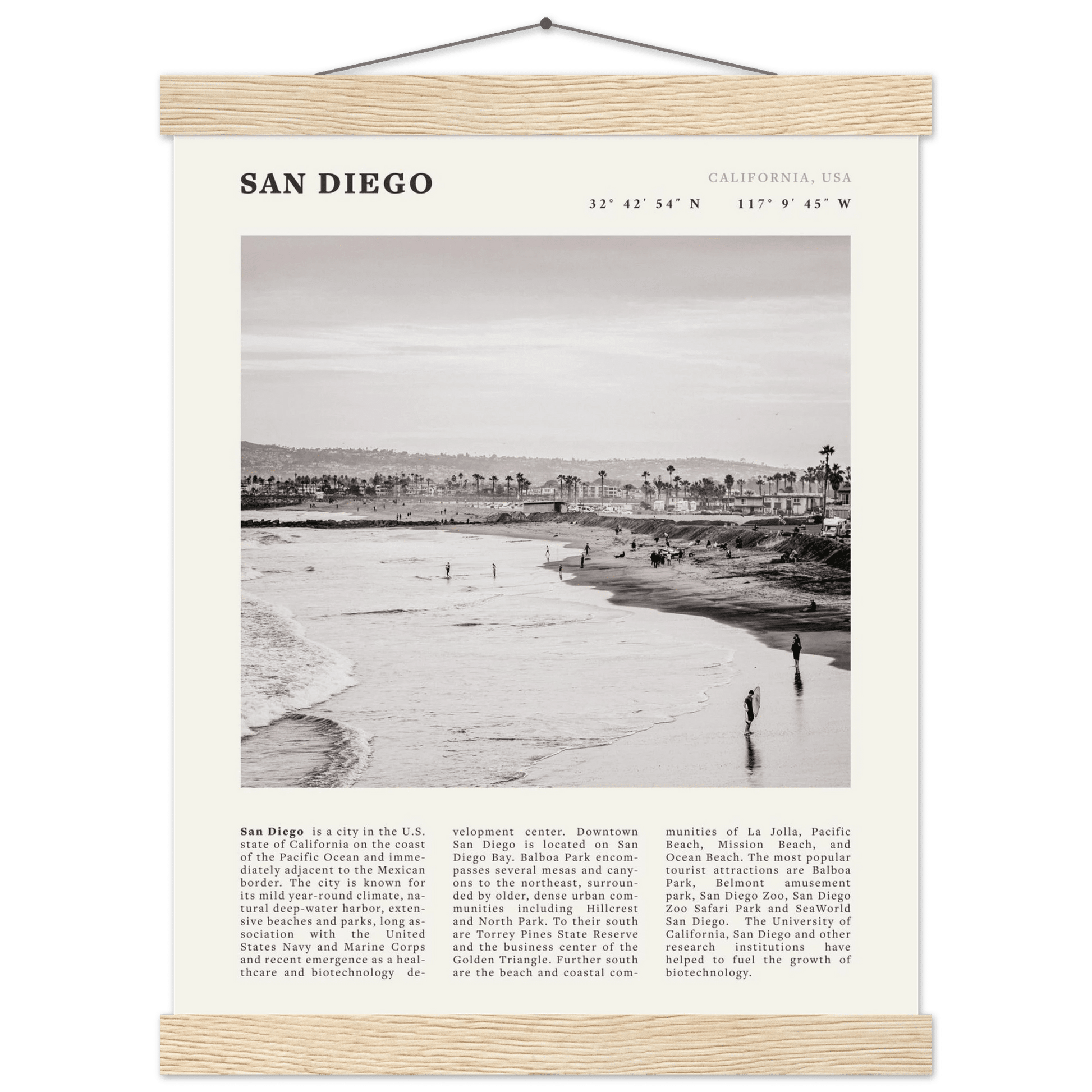 San Diego Poster | Black & White California Beach Wall Art | Coastal Travel Print Decor - Evergreen Posters