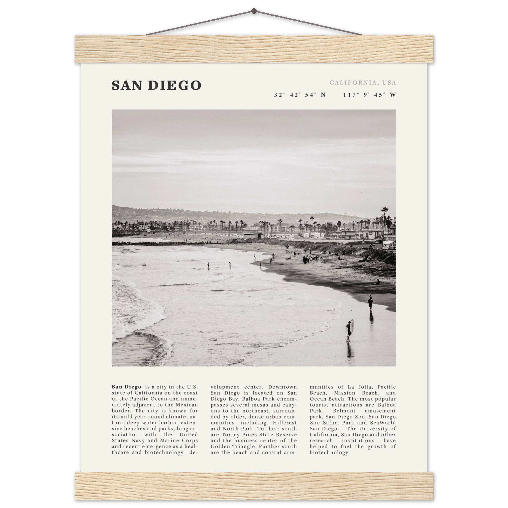San Diego Poster | Black & White California Beach Wall Art | Coastal Travel Print Decor - Evergreen Posters