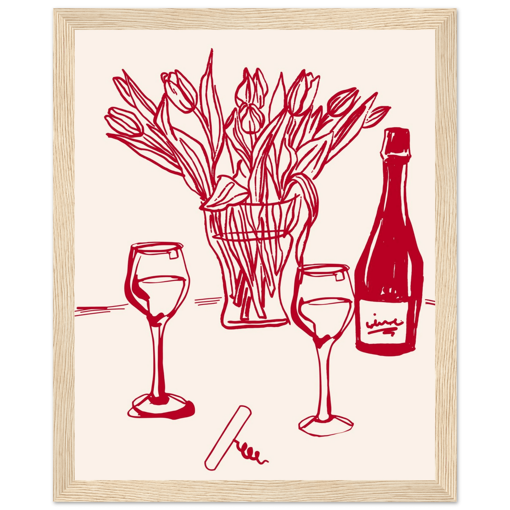 Red Wine & Tulips Print | Line Art Wine Bottle Wall Art | Kitchen Poster - Evergreen Posters