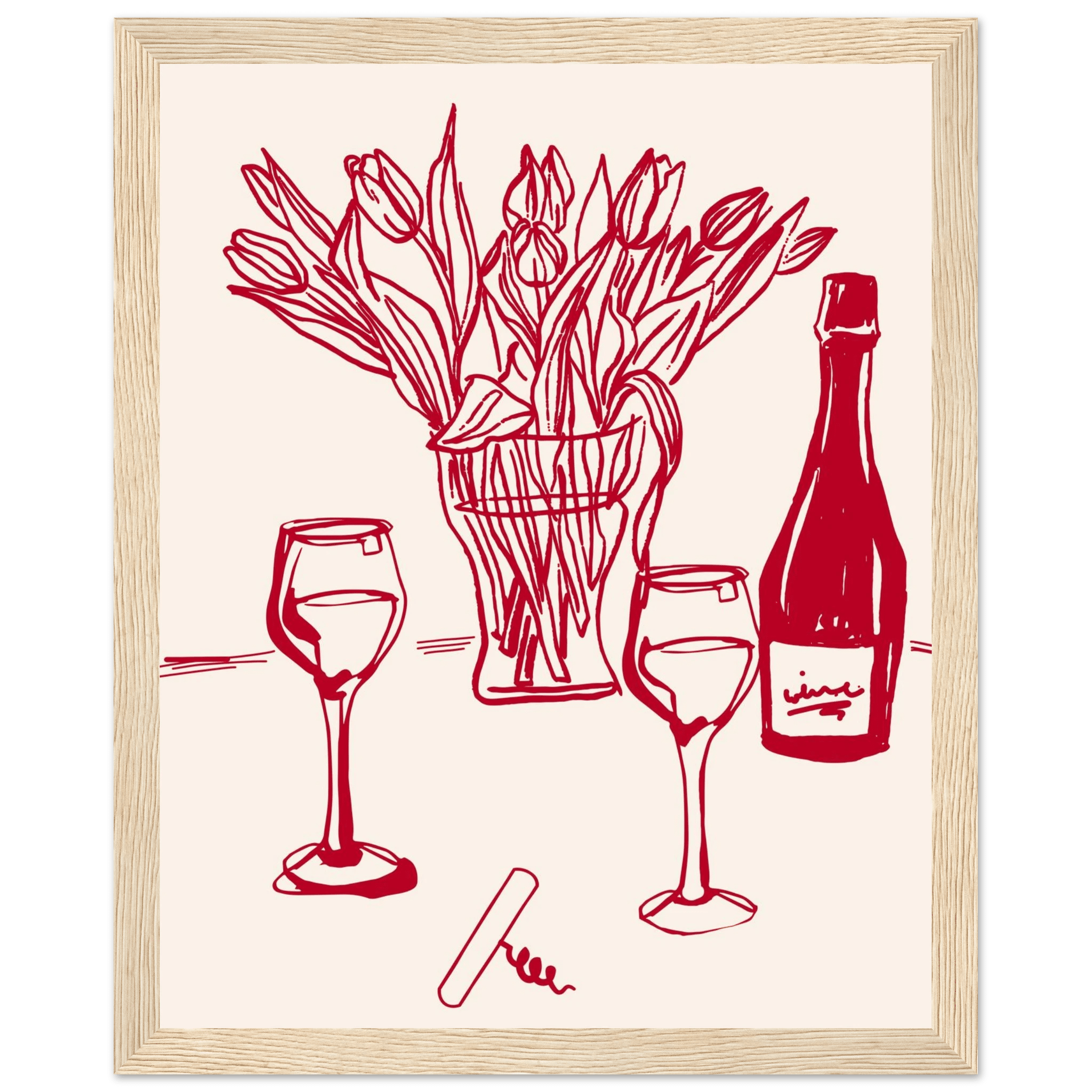 Red Wine & Tulips Print | Line Art Wine Bottle Wall Art | Kitchen Poster - Evergreen Posters