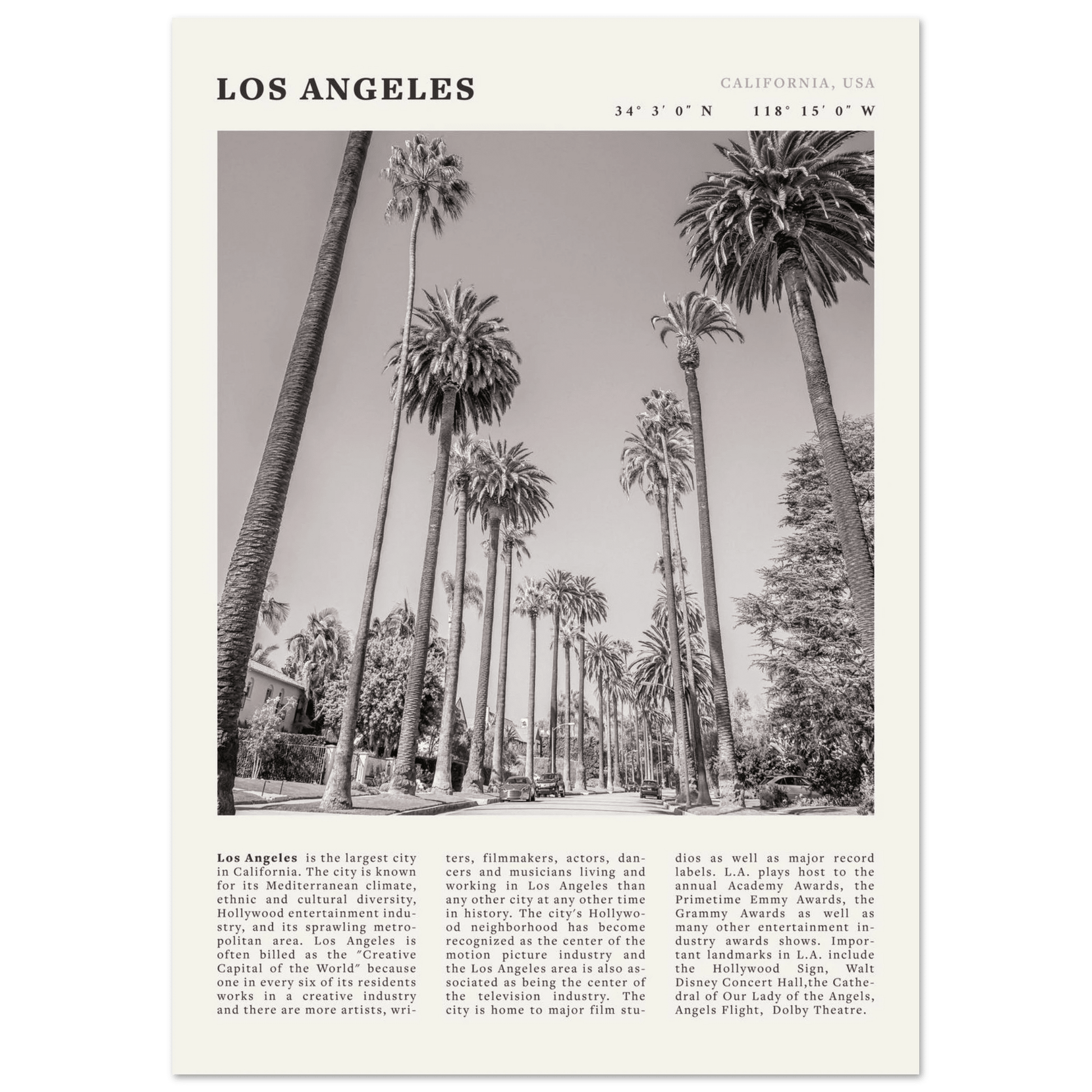 Los Angeles Poster | Black & White Palm Trees Wall Art | California Travel Print - Evergreen Posters