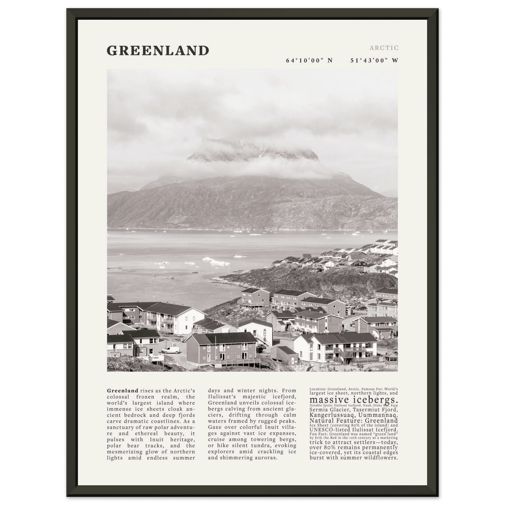 Greenland Poster Black and White – Vintage Arctic Fjord Landscape Print (Digital & Printed Options) - Evergreen Posters