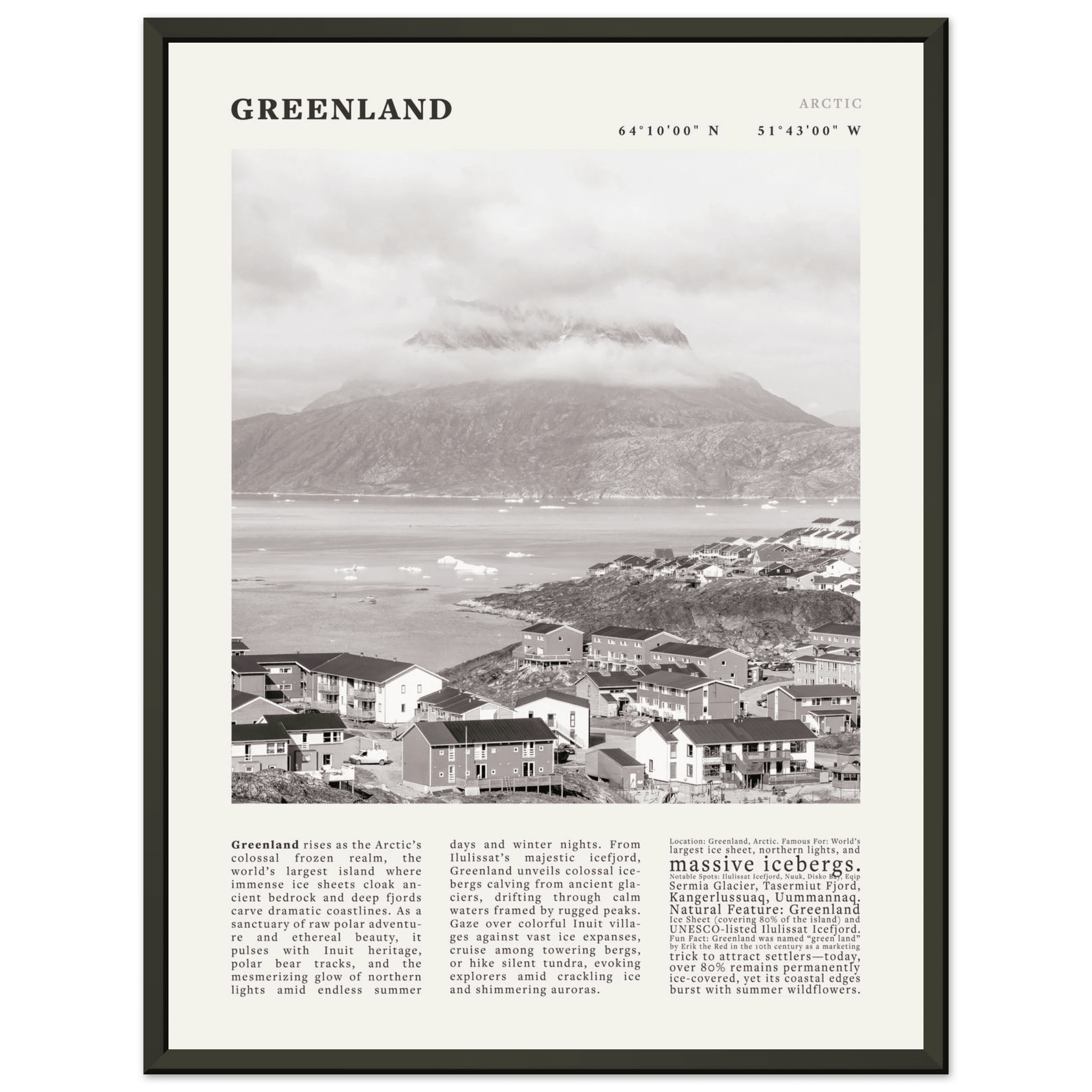 Greenland Poster Black and White – Vintage Arctic Fjord Landscape Print (Digital & Printed Options) - Evergreen Posters