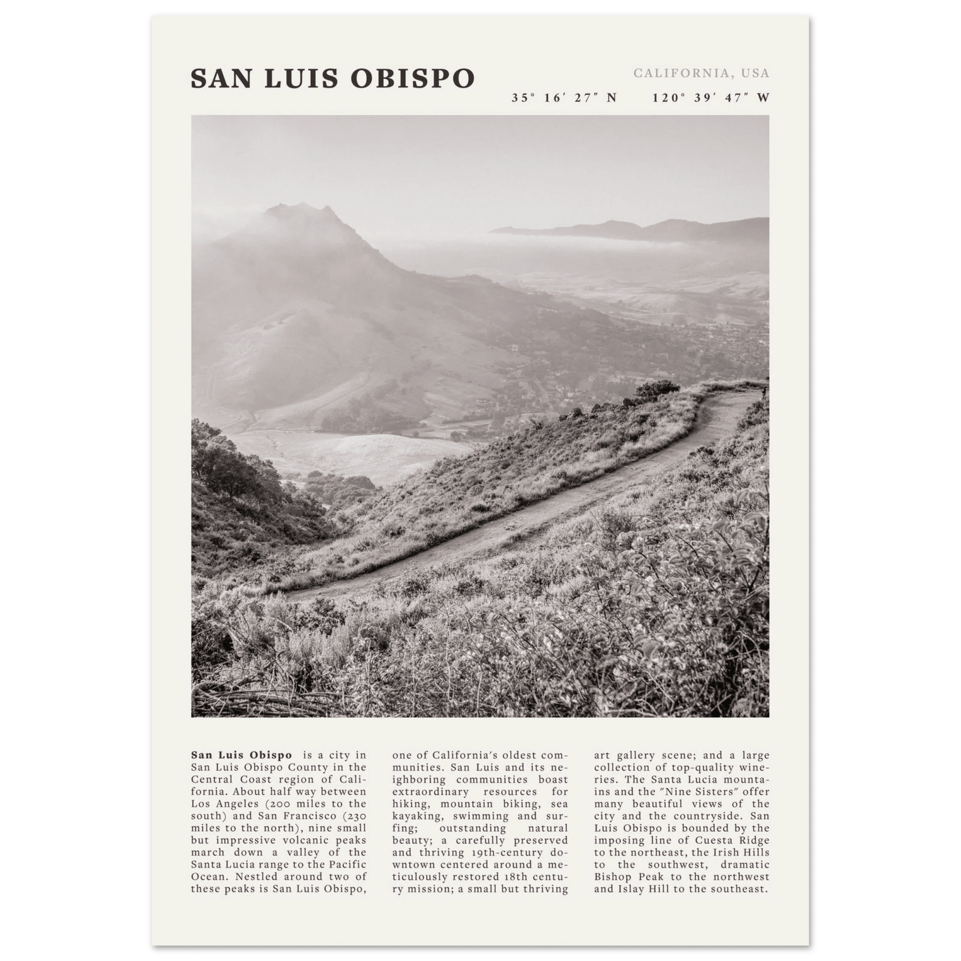 San Luis Obispo Poster | Black & White California Wall Art | SLO Travel Print - Evergreen Posters