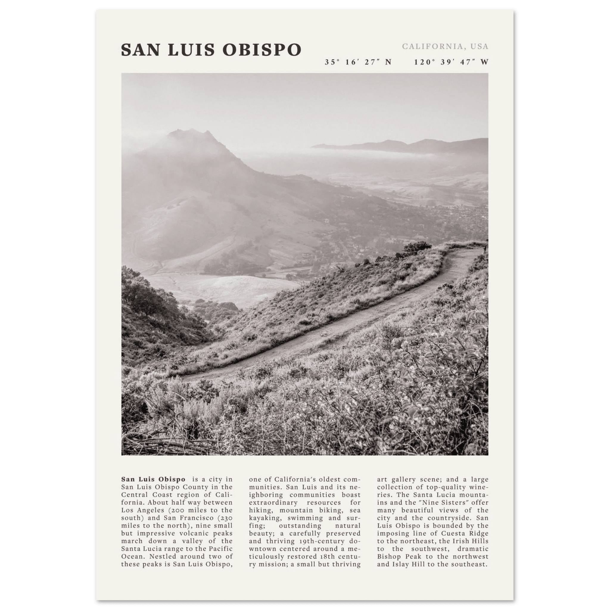 San Luis Obispo Poster | Black & White California Wall Art | SLO Travel Print - Evergreen Posters