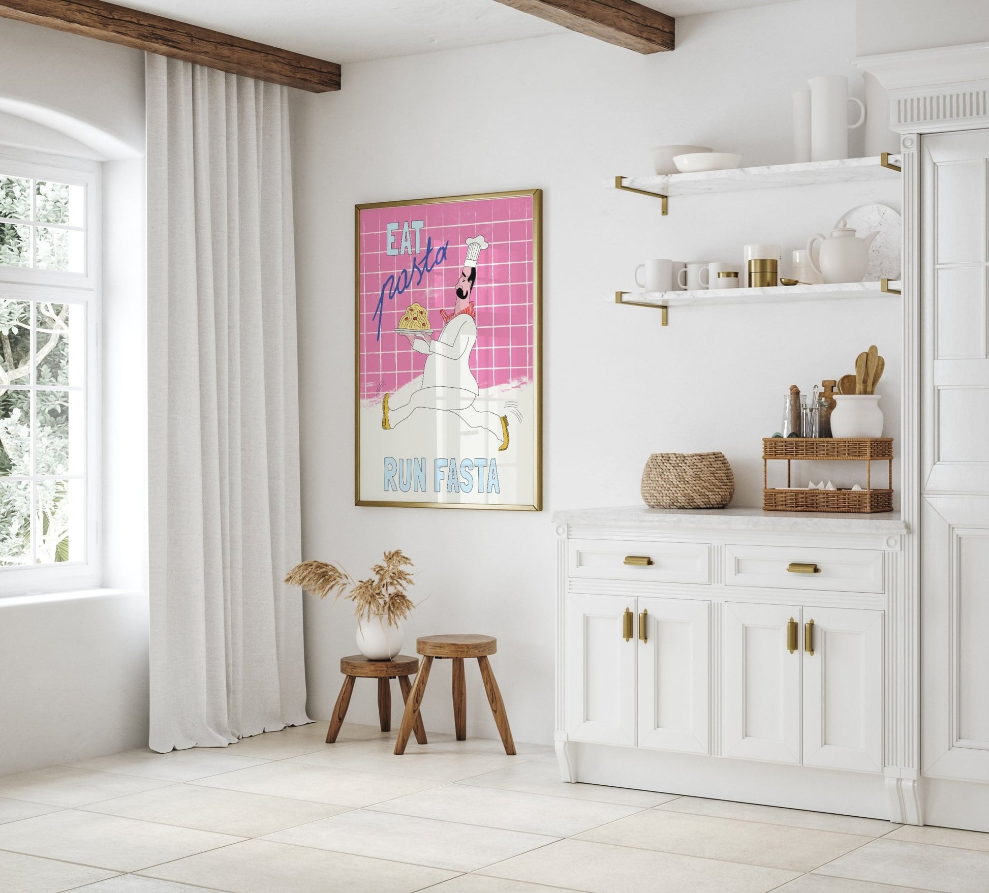Eat Pasta Run Fasta Poster – Playful Kitchen Wall Art Print (Pink Edition) - Evergreen Posters