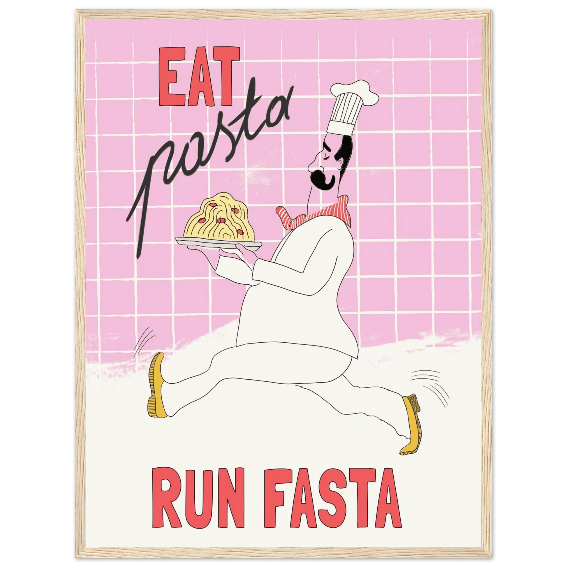 Eat Pasta Run Fasta Poster – Playful Kitchen Wall Art Print (Light Pink) - Evergreen Posters