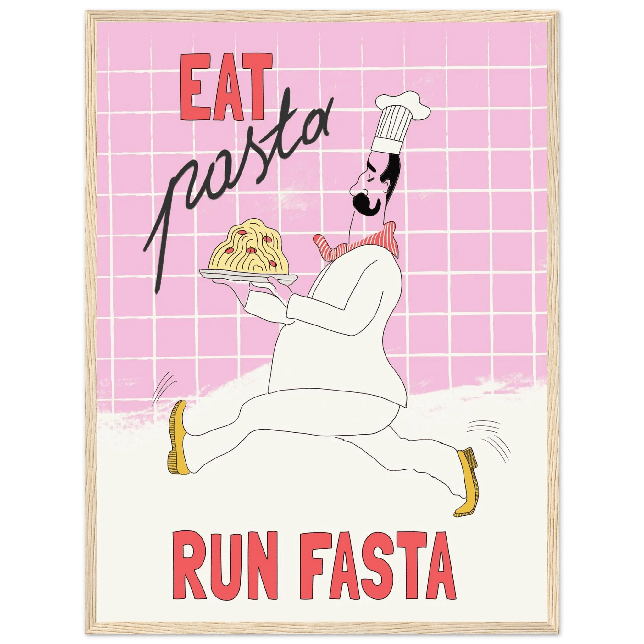 Eat Pasta Run Fasta Poster – Playful Kitchen Wall Art Print (Light Pink) - Evergreen Posters