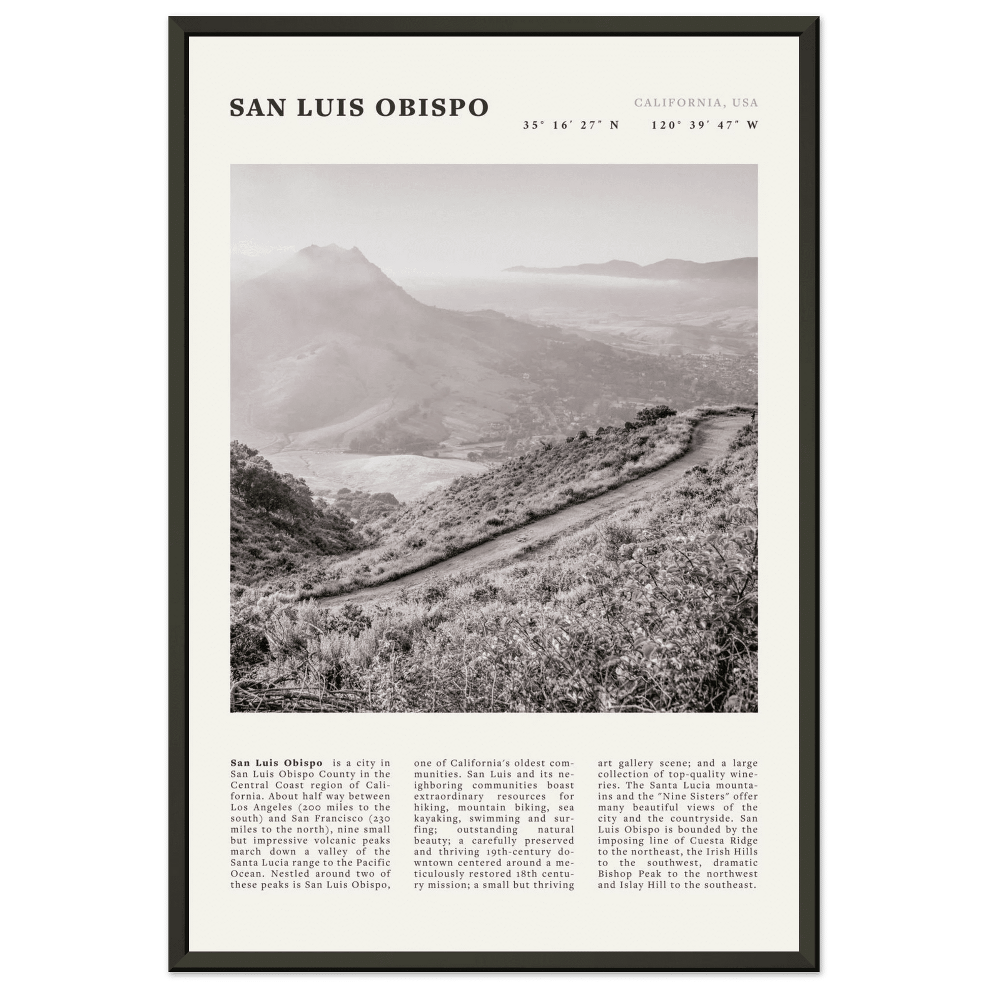 San Luis Obispo Poster | Black & White California Wall Art | SLO Travel Print - Evergreen Posters