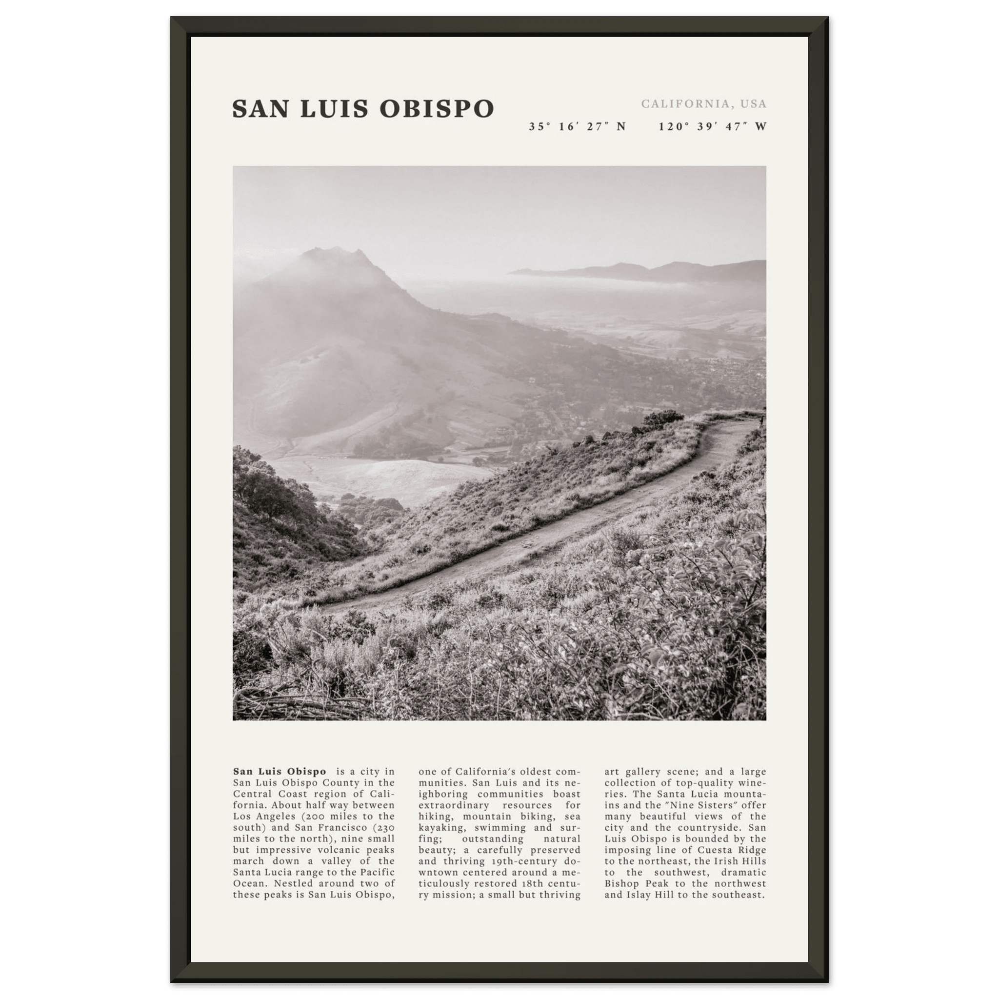 San Luis Obispo Poster | Black & White California Wall Art | SLO Travel Print - Evergreen Posters