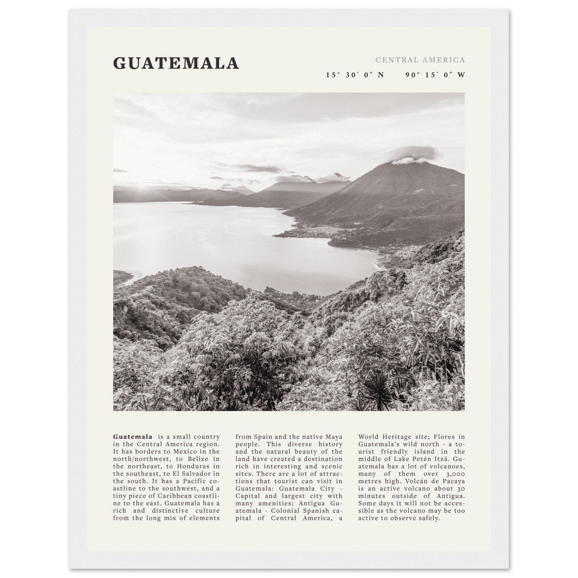 Guatemala Poster | Black & White Lake Atitlan Wall Art | Central America Travel Print - Evergreen Posters