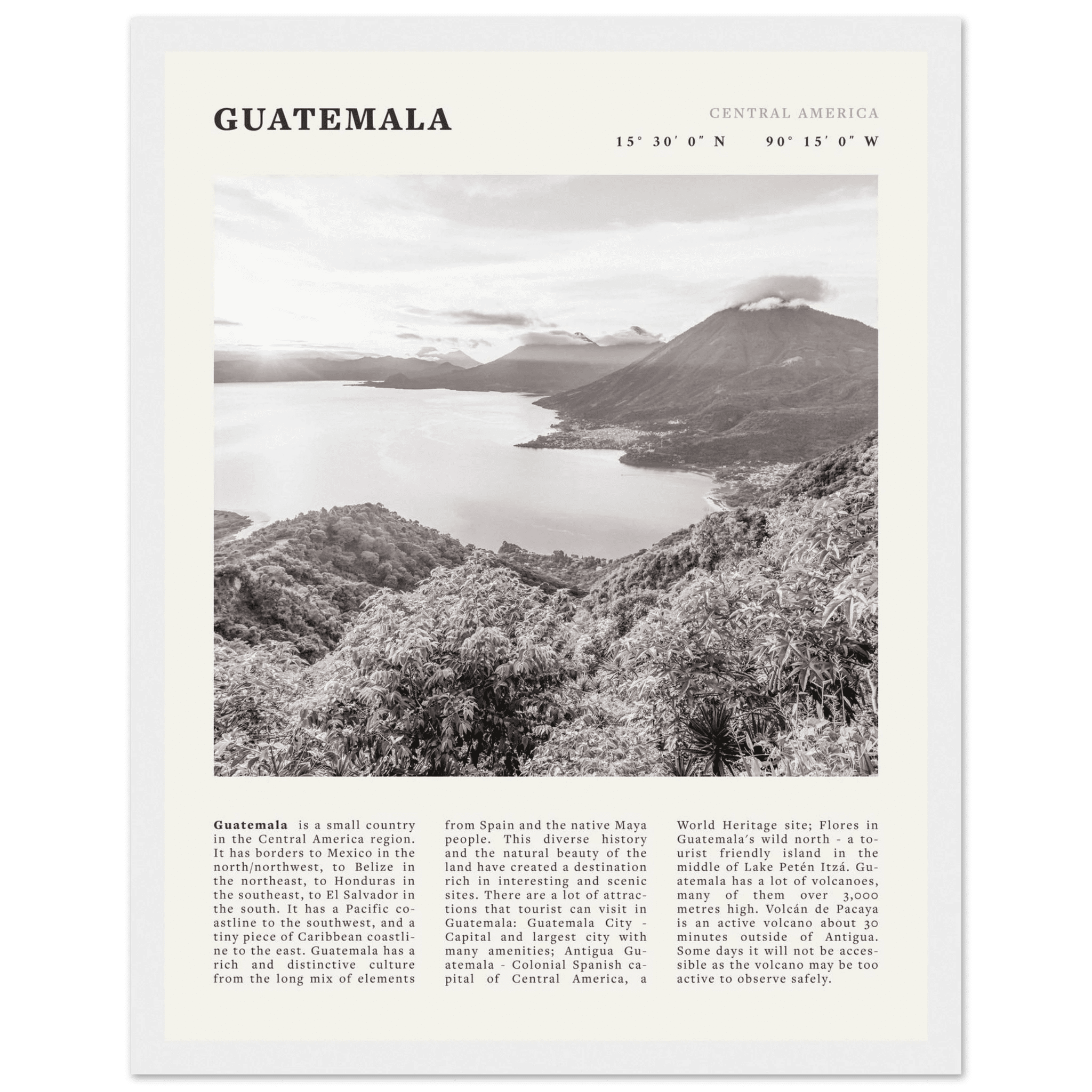 Guatemala Poster | Black & White Lake Atitlan Wall Art | Central America Travel Print - Evergreen Posters