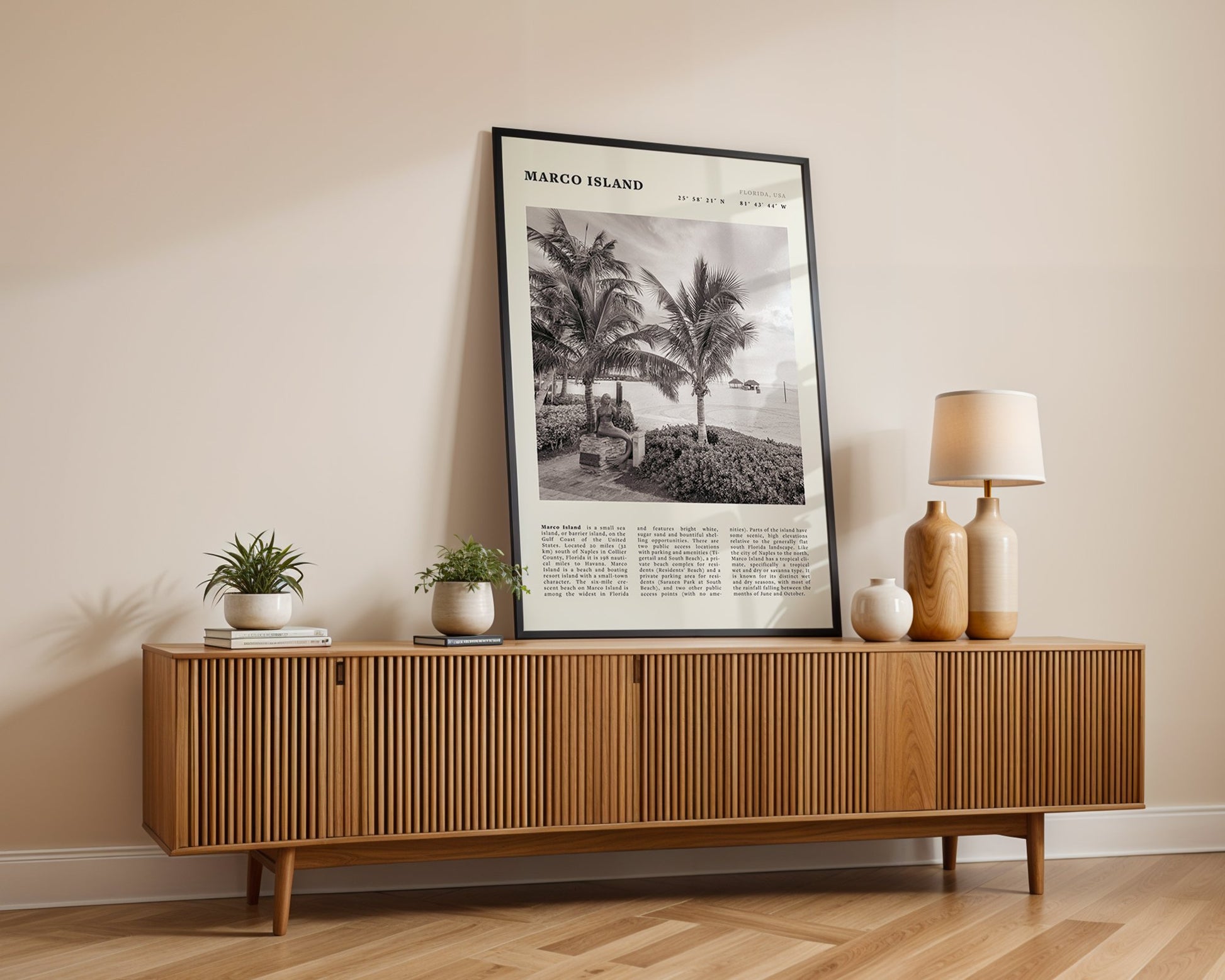 Marco Island Poster | Black & White Florida Beach Wall Art | Coastal Travel Print - Evergreen Posters
