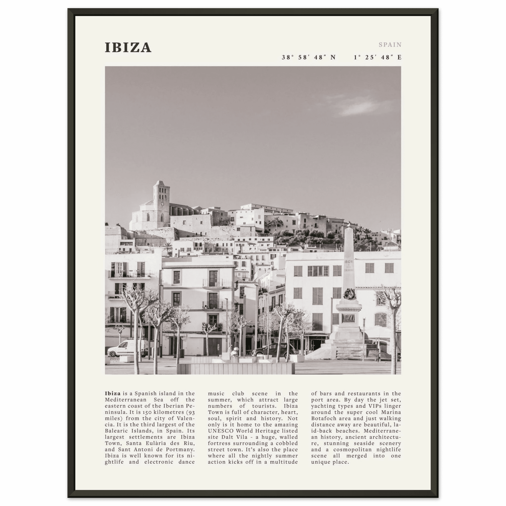 Ibiza Poster | Black & White Spanish Island Wall Art | Spain Travel Print - Evergreen Posters