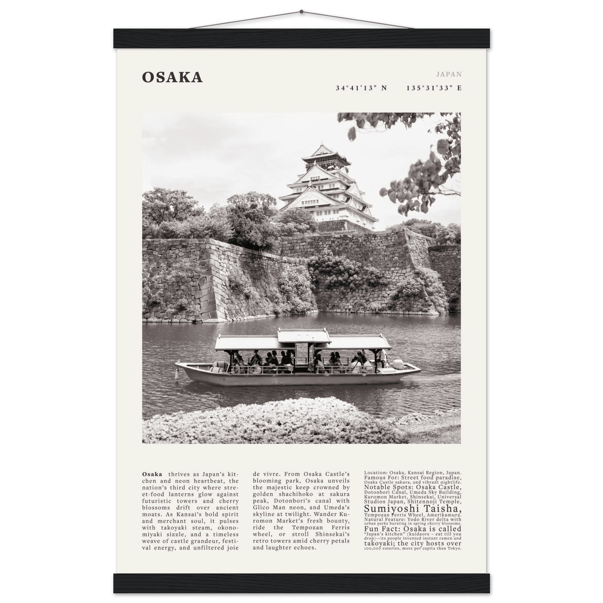 Osaka Poster Black and White – Vintage Osaka Castle Cherry Blossom Print (Digital & Printed Options) - Evergreen Posters