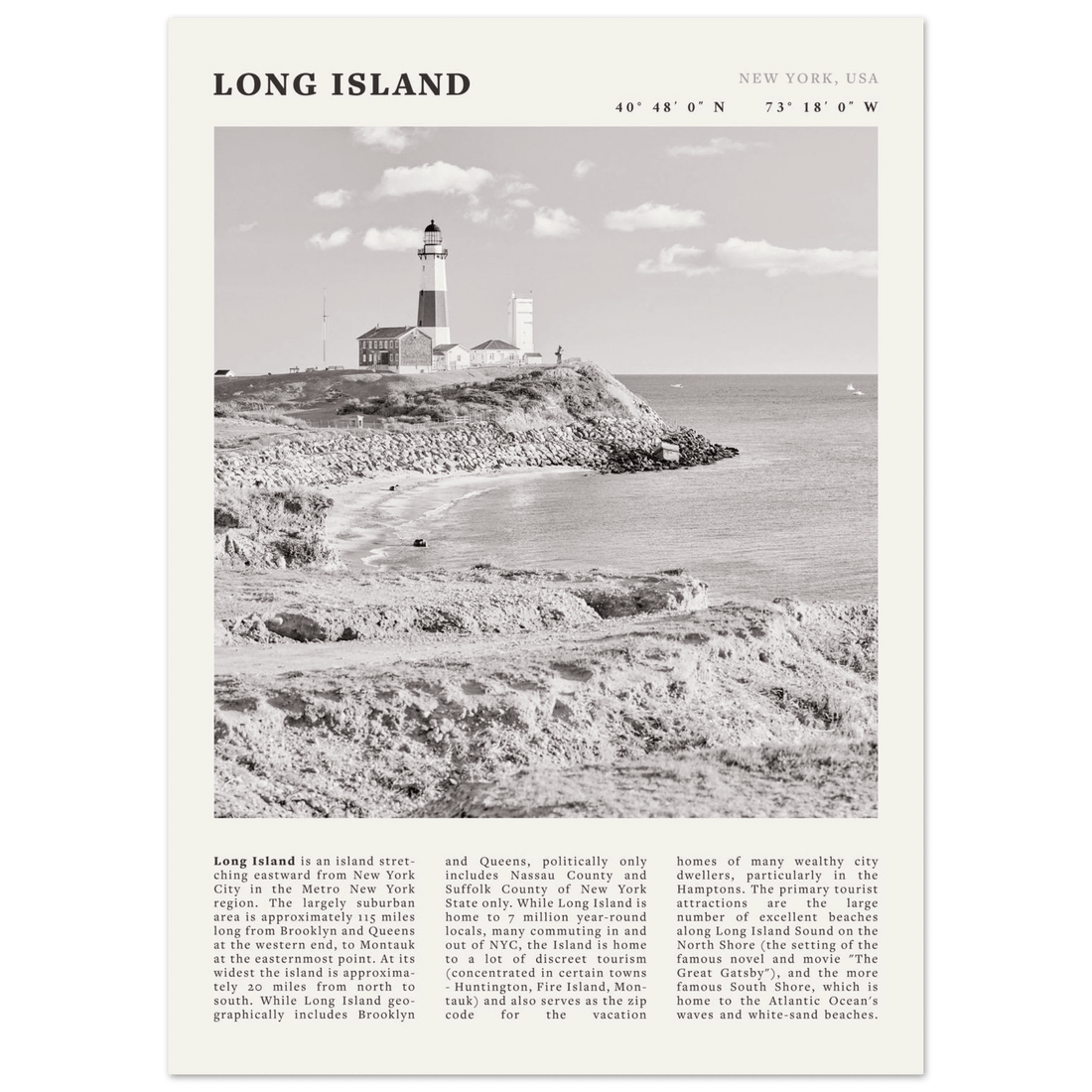 Long Island Poster | Black & White Montauk Lighthouse Wall Art | New York Print - Evergreen Posters