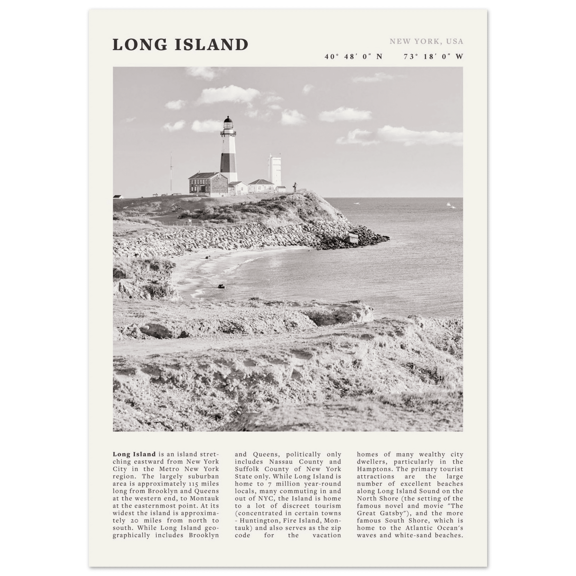 Long Island Poster | Black & White Montauk Lighthouse Wall Art | New York Print - Evergreen Posters