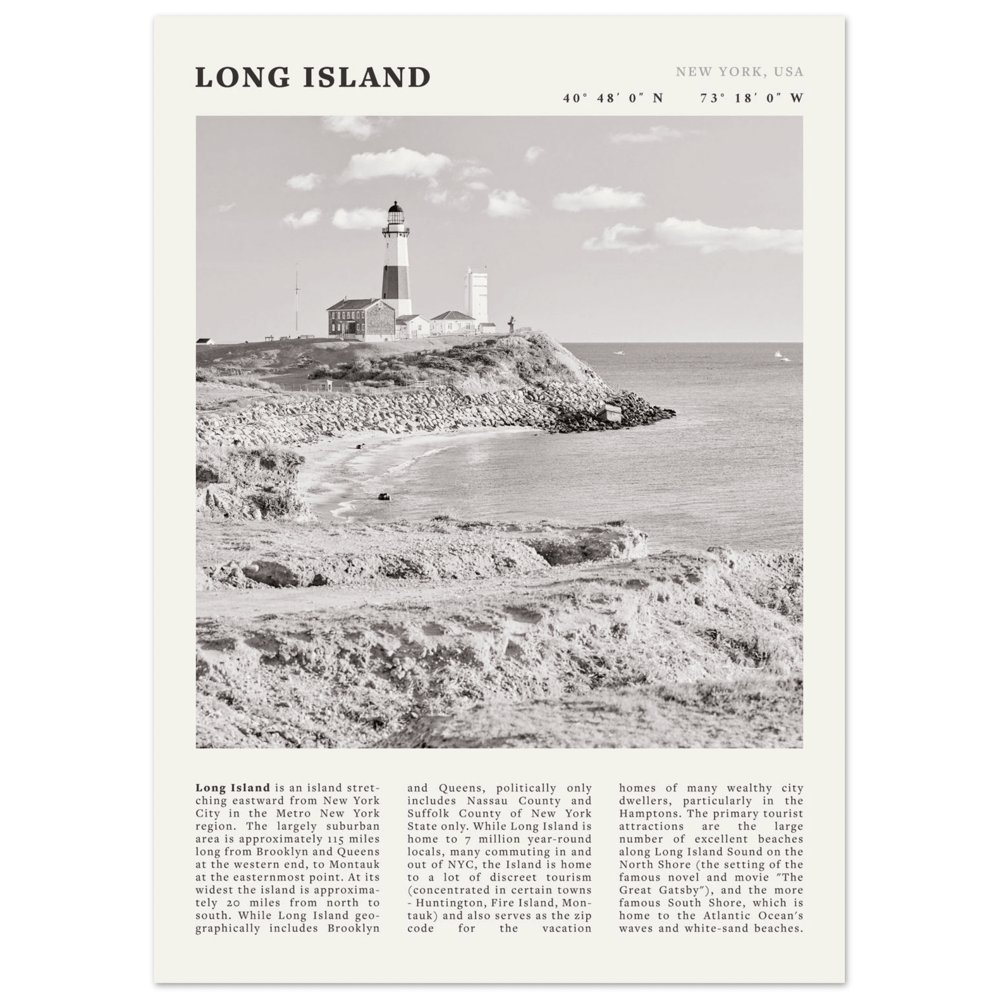 Long Island Poster | Black & White Montauk Lighthouse Wall Art | New York Print - Evergreen Posters