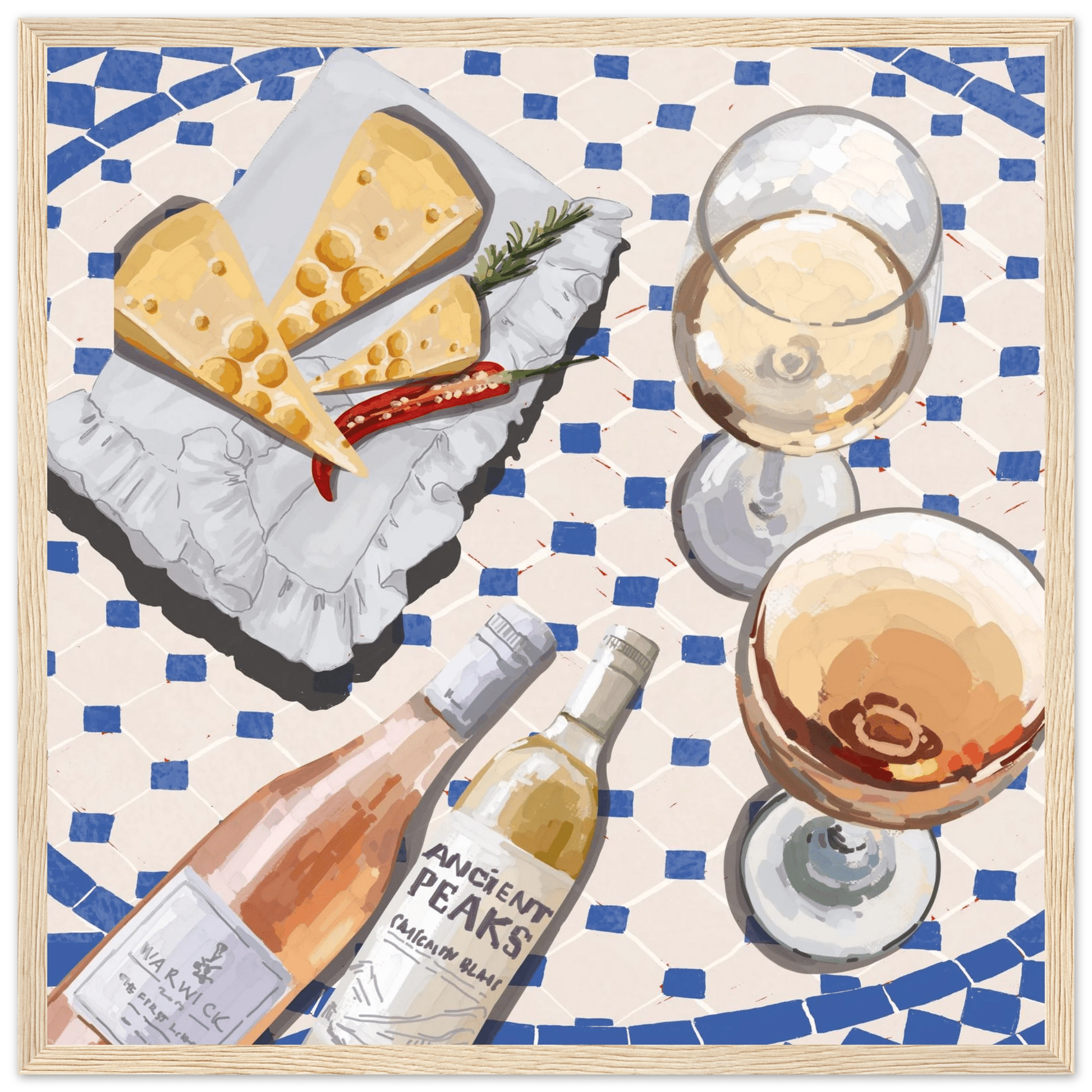 Wine & Cheese Poster | Food Wall Art | Blue Tile Square Kitchen Print - Evergreen Posters - 24