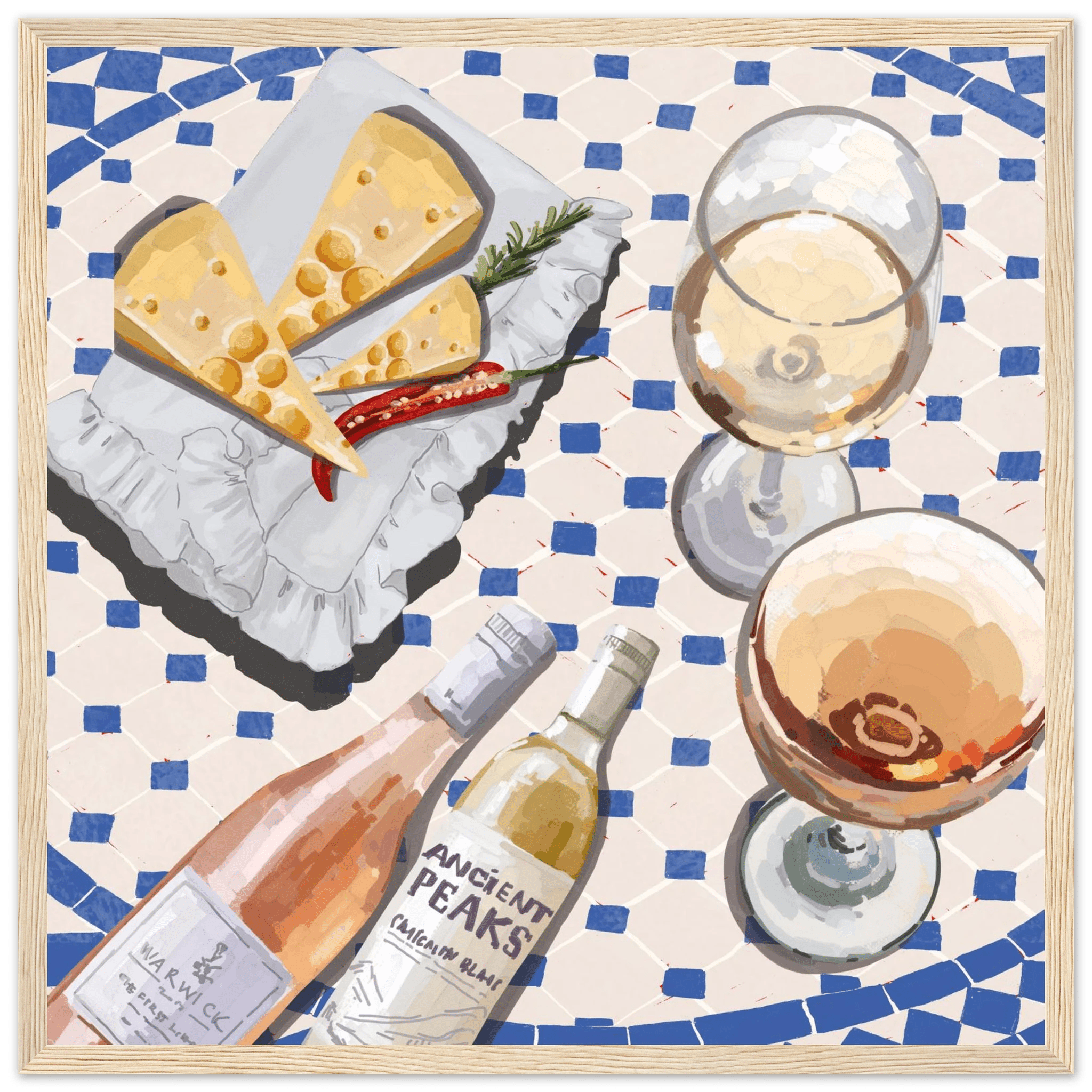 Wine & Cheese Poster | Food Wall Art | Blue Tile Square Kitchen Print - Evergreen Posters - 24