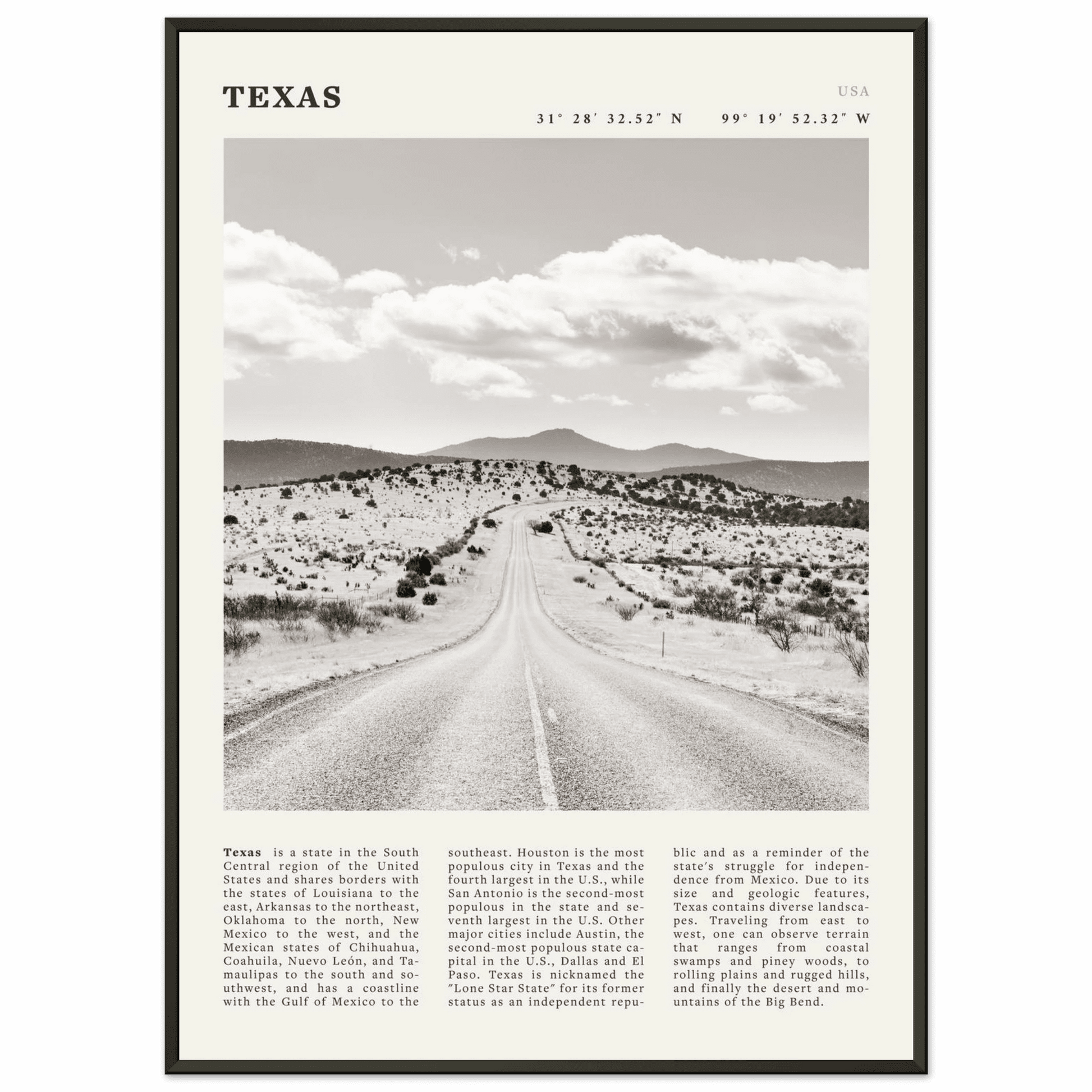 Texas Poster | Black & White Lone Star Road Wall Art | USA Travel Print Decor - Evergreen Posters