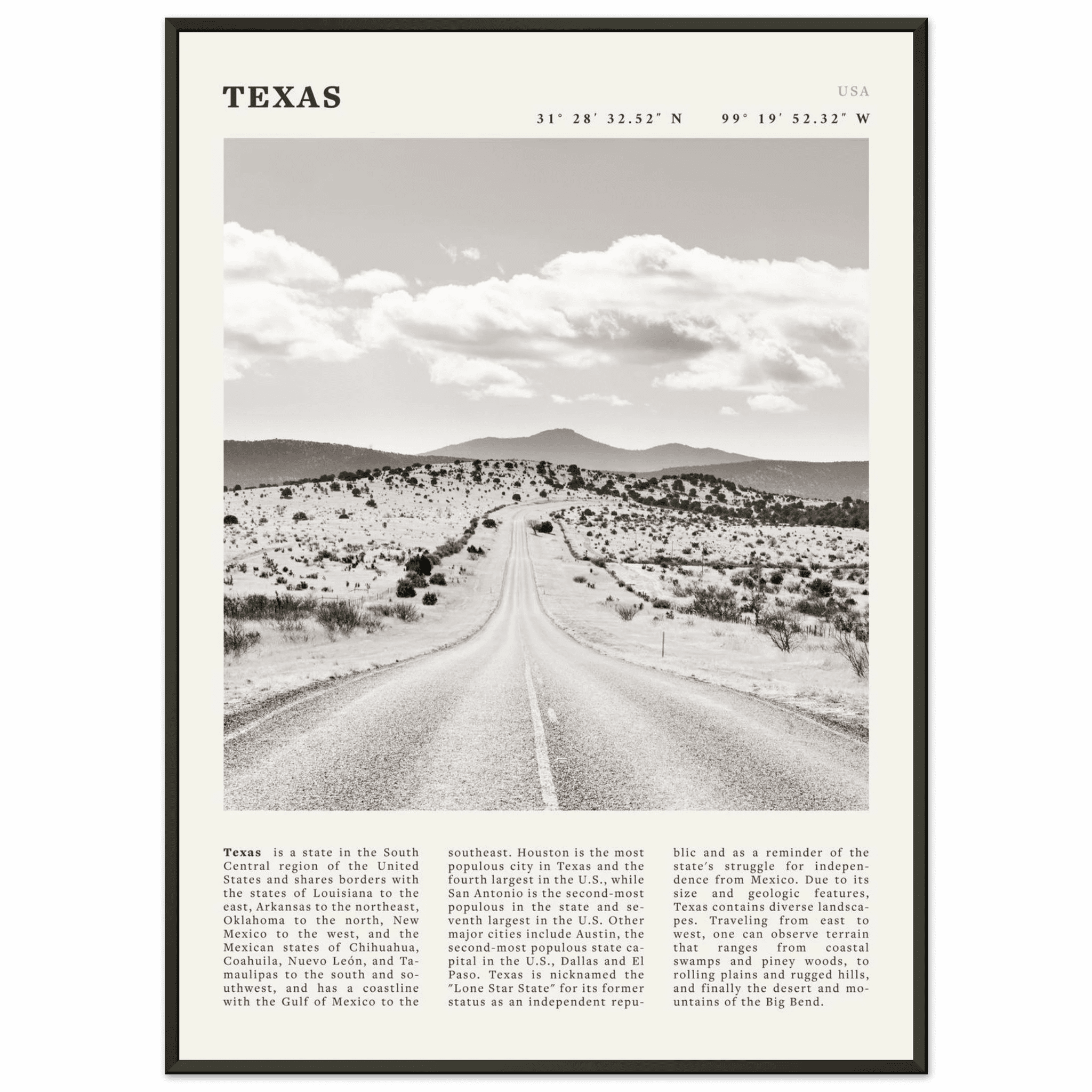 Texas Poster | Black & White Lone Star Road Wall Art | USA Travel Print Decor - Evergreen Posters