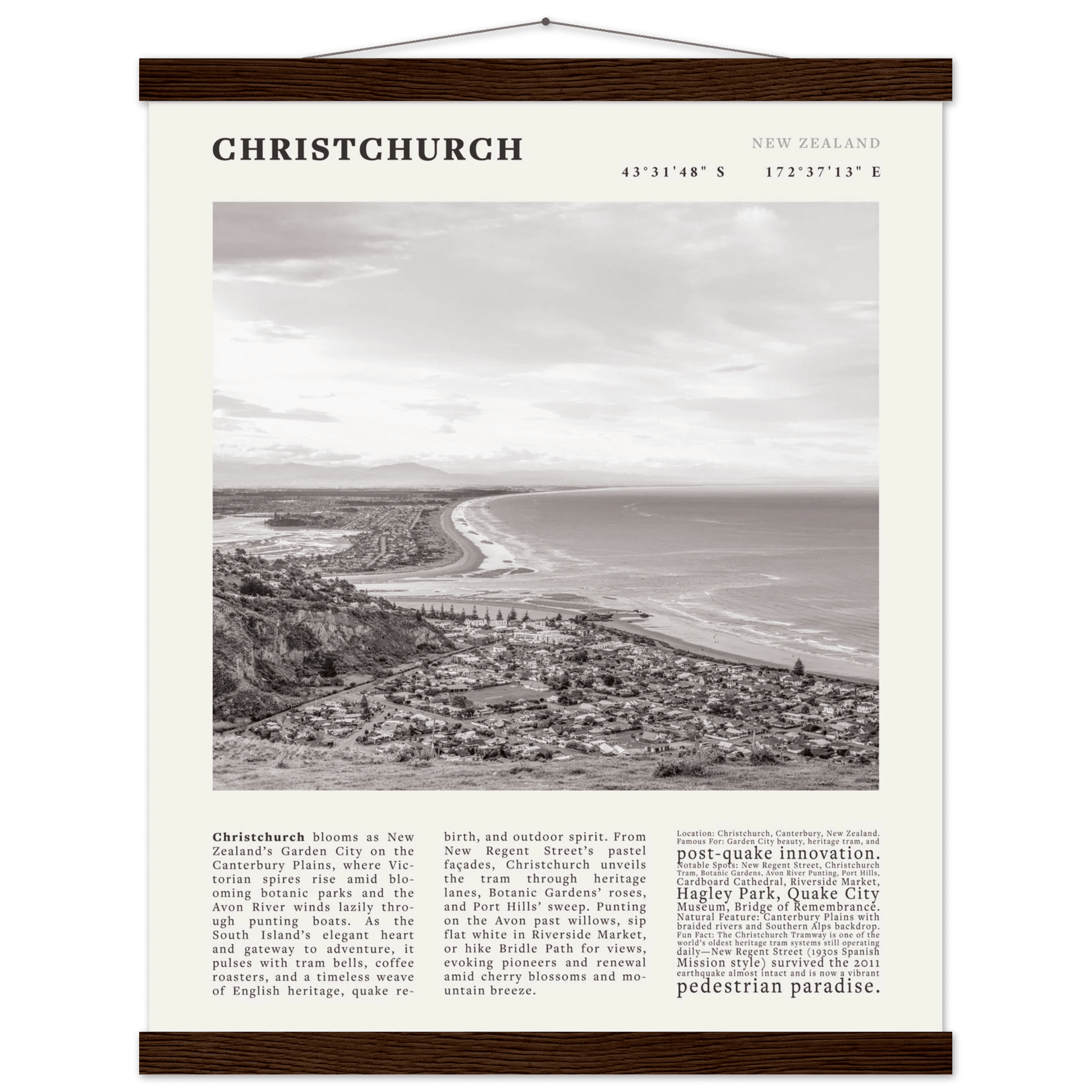 Christchurch New Zealand Poster Black and White – Vintage Garden City Panorama Print - Evergreen Posters