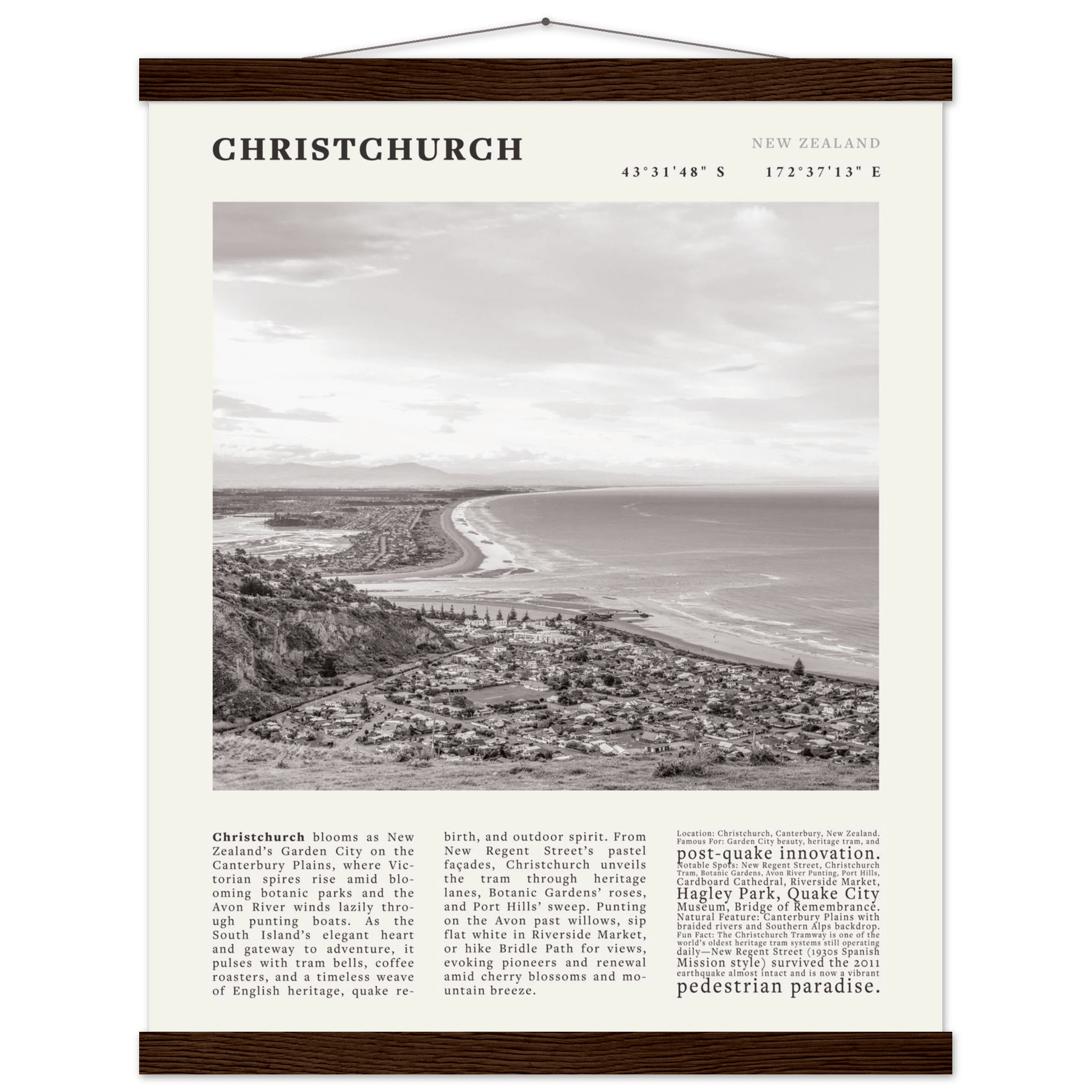 Christchurch New Zealand Poster Black and White – Vintage Garden City Panorama Print - Evergreen Posters
