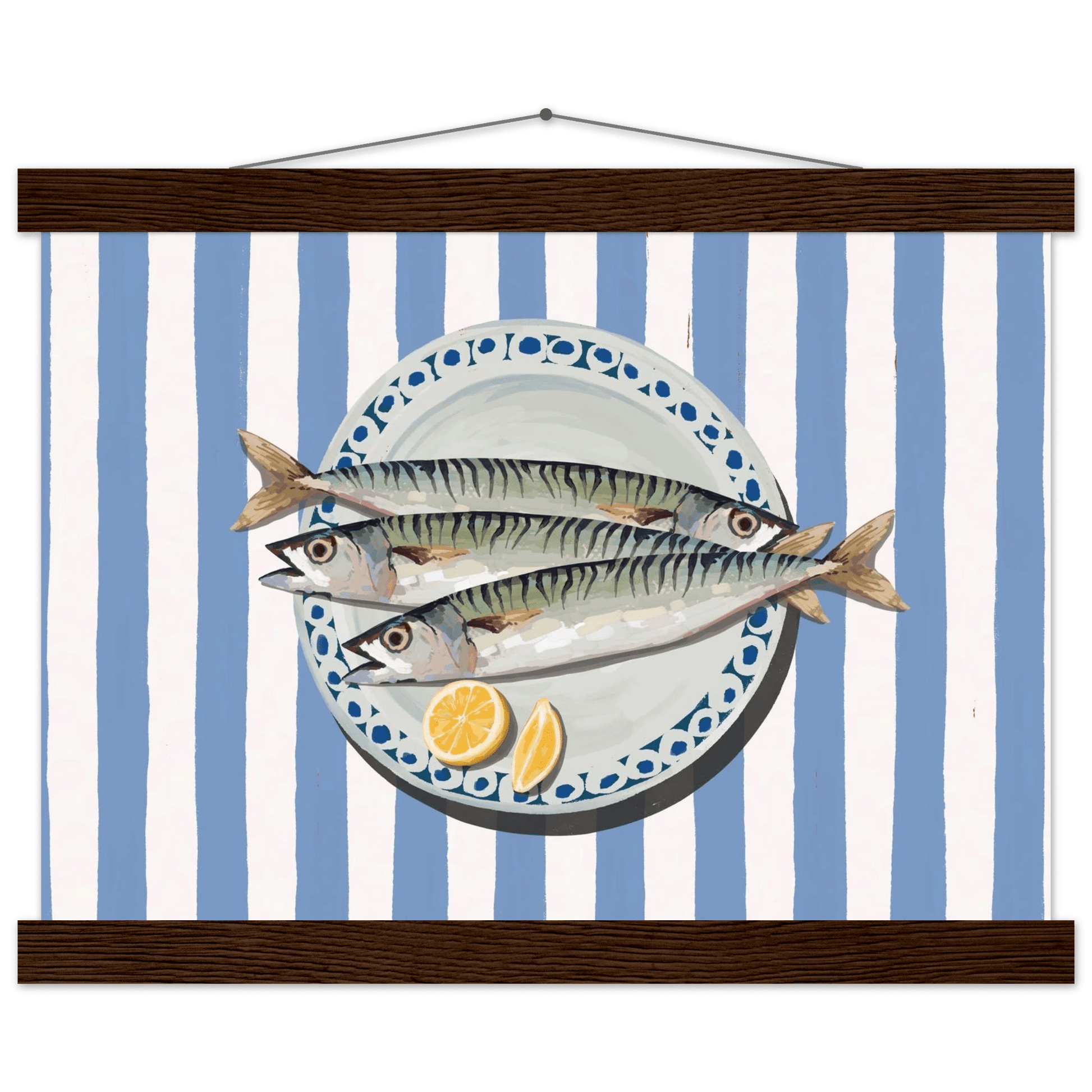 Sardines Print | Blue Stripe Fish Kitchen Wall Art | Coastal Food Poster - Evergreen Posters