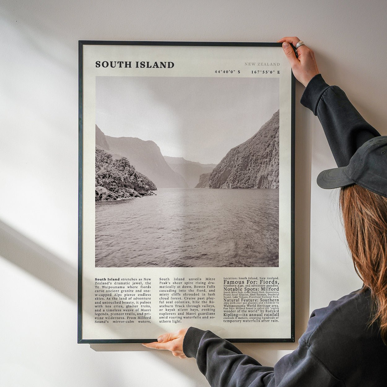 South Island New Zealand Poster Black and White – Vintage Milford Sound Fjord Print - Evergreen Posters