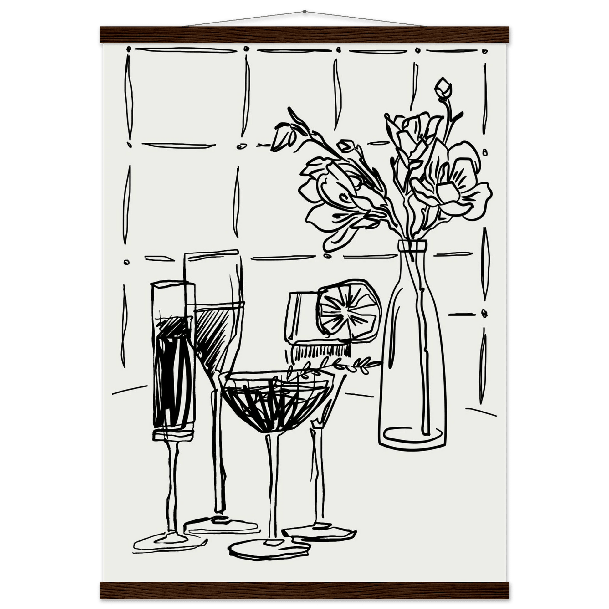 Cocktails & Flowers Print | Black Line Art Drinks Wall Art | Kitchen Bar Poster - Evergreen Posters