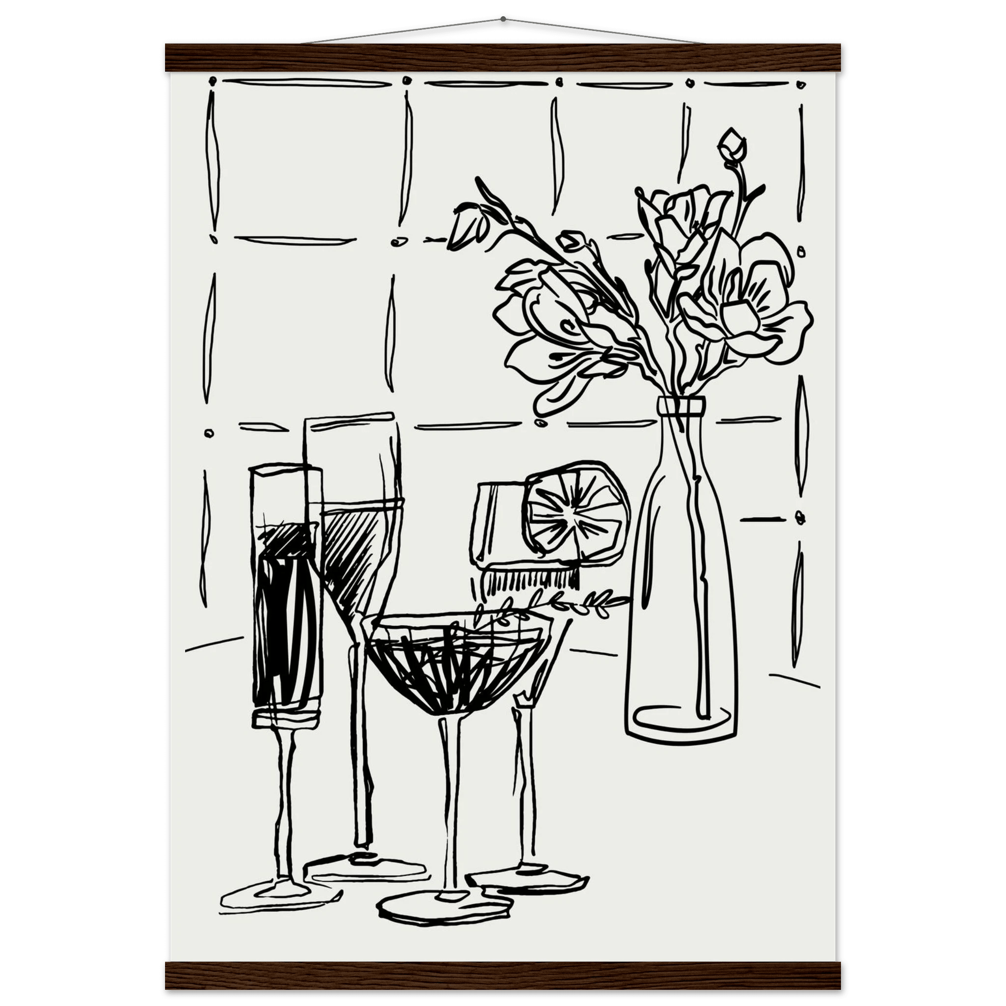 Cocktails & Flowers Print | Black Line Art Drinks Wall Art | Kitchen Bar Poster - Evergreen Posters