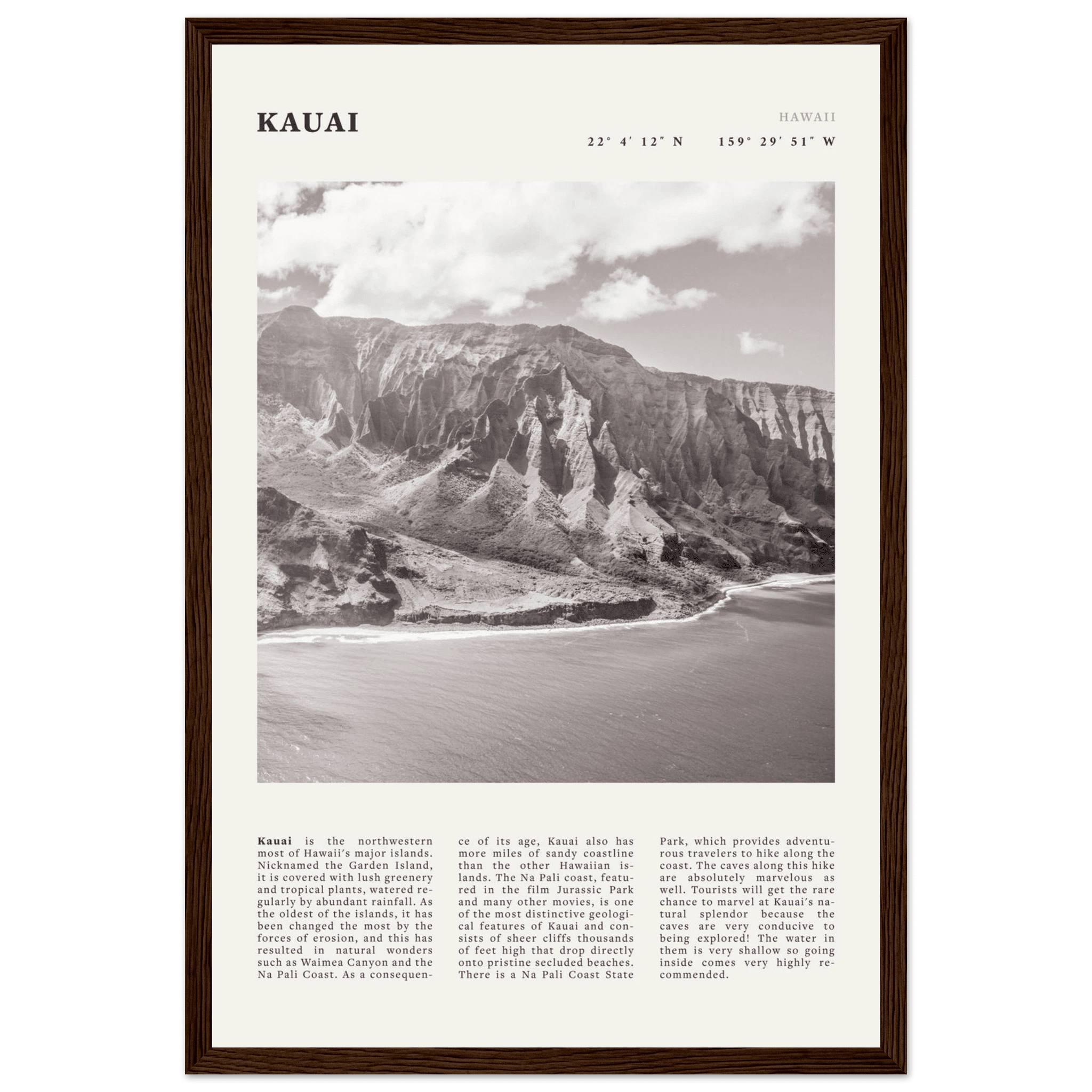 Kauai Poster | Black & White Na Pali Coast Wall Art | Hawaii Travel Print Decor - Evergreen Posters