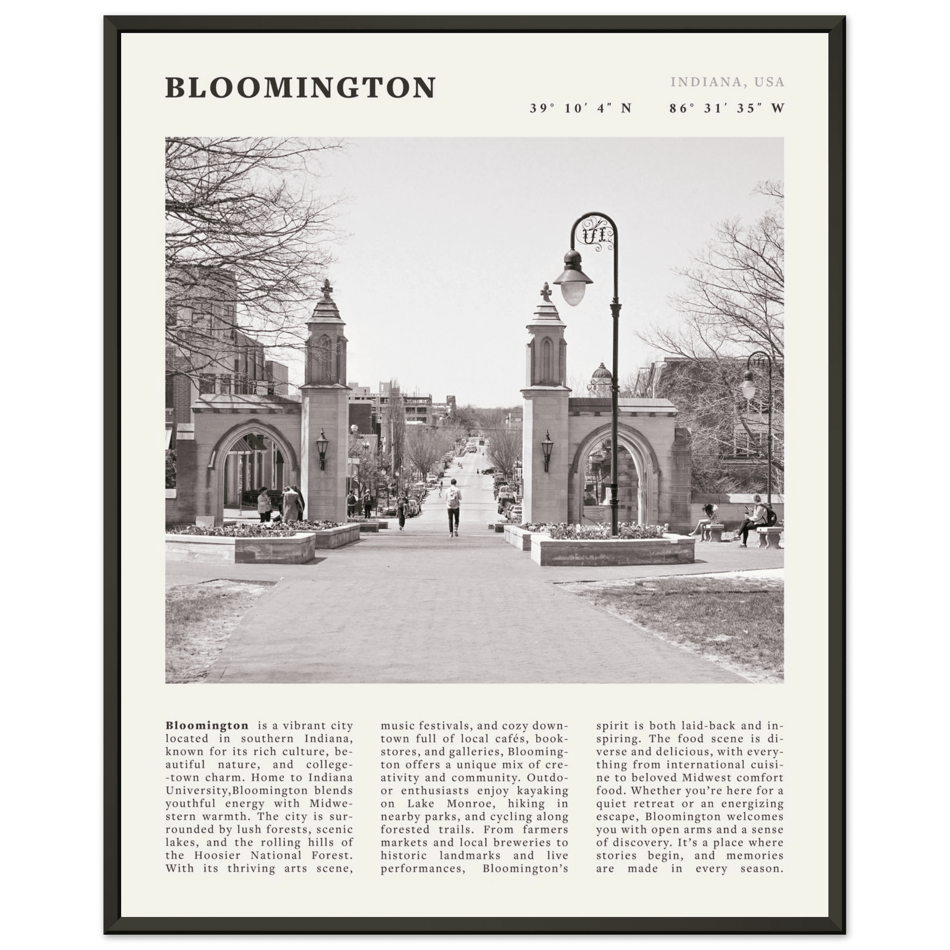 Bloomington Indiana Black and White Vintage Poster - Evergreen Posters