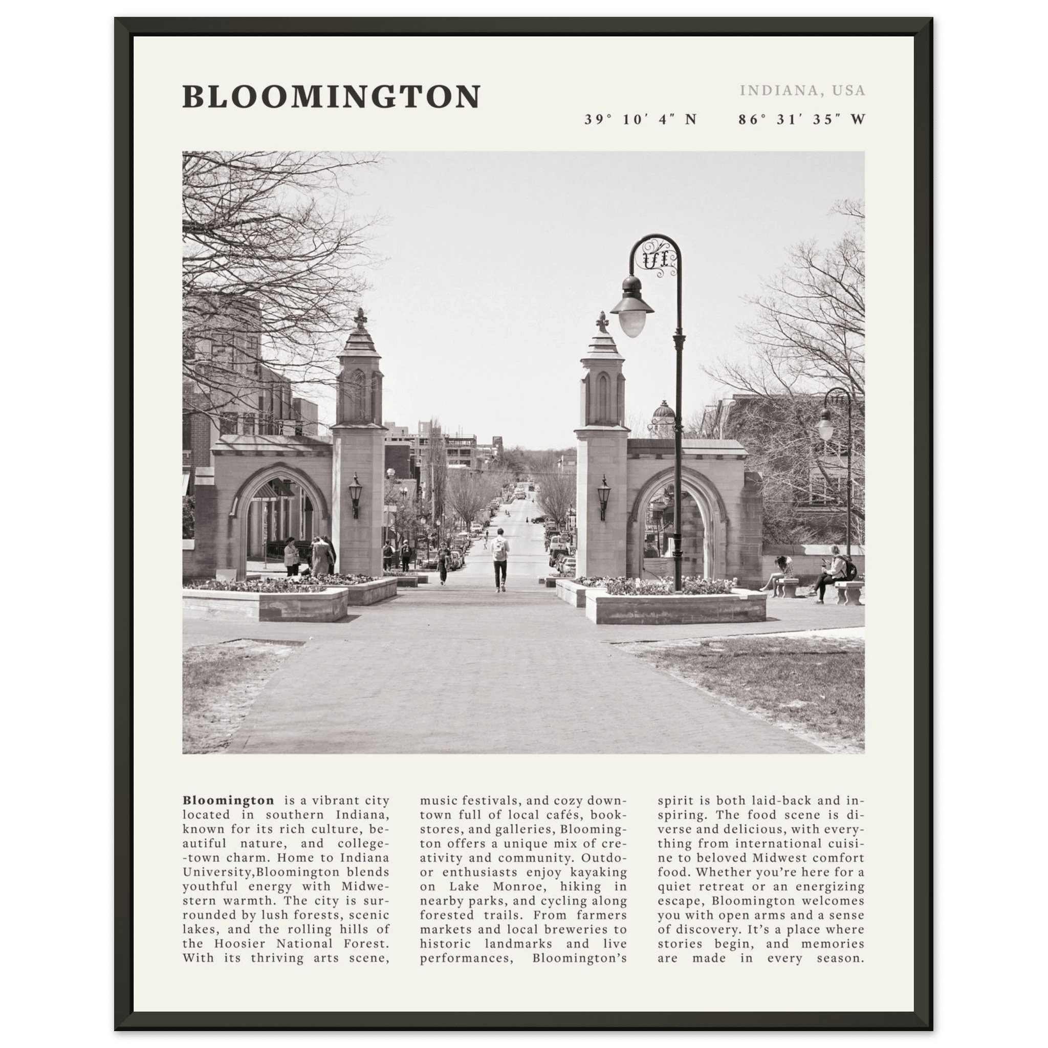 Bloomington Indiana Black and White Vintage Poster - Evergreen Posters