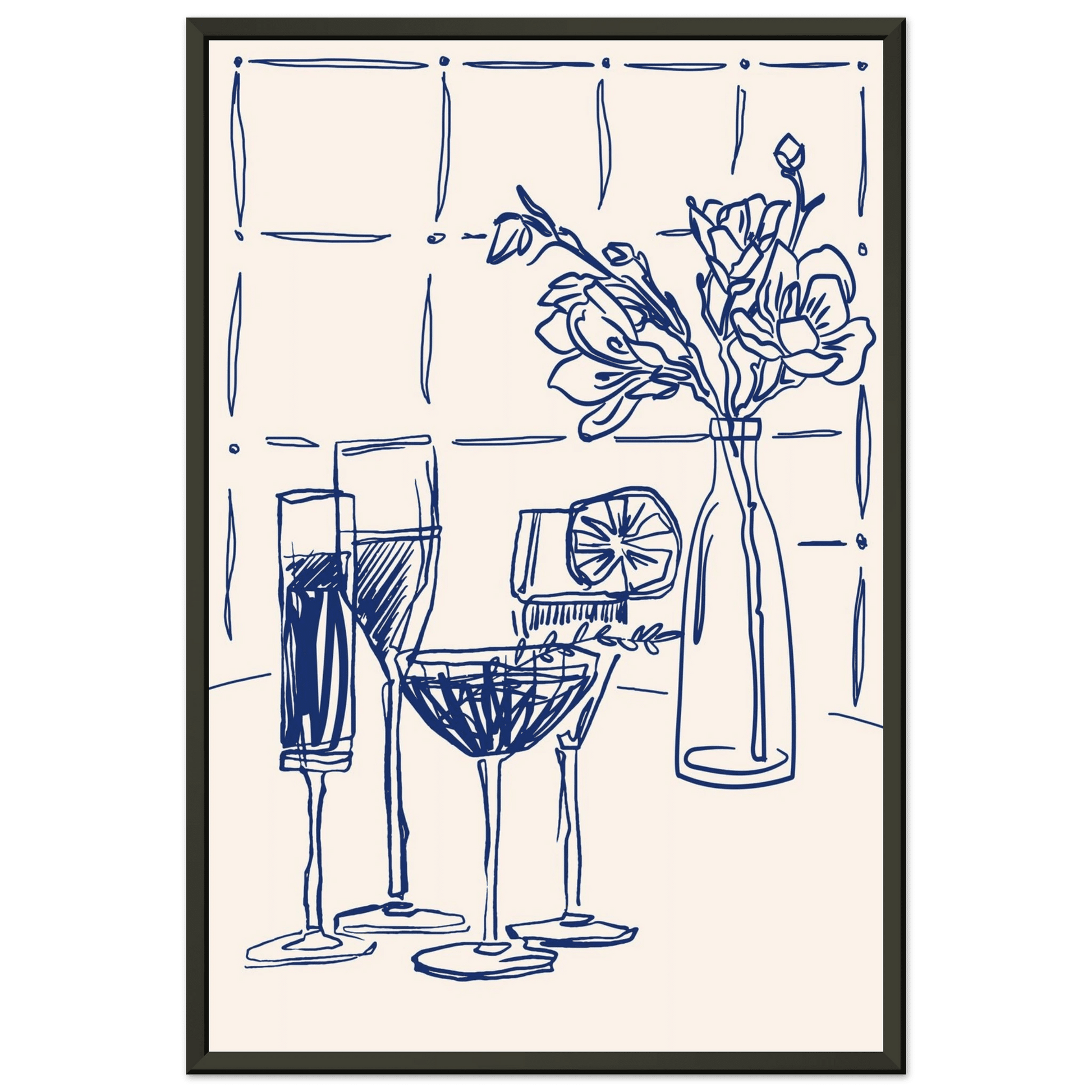 Cocktails & Flowers Print | Navy Blue Line Art Drinks Wall Art | Kitchen Bar Poster - Evergreen Posters